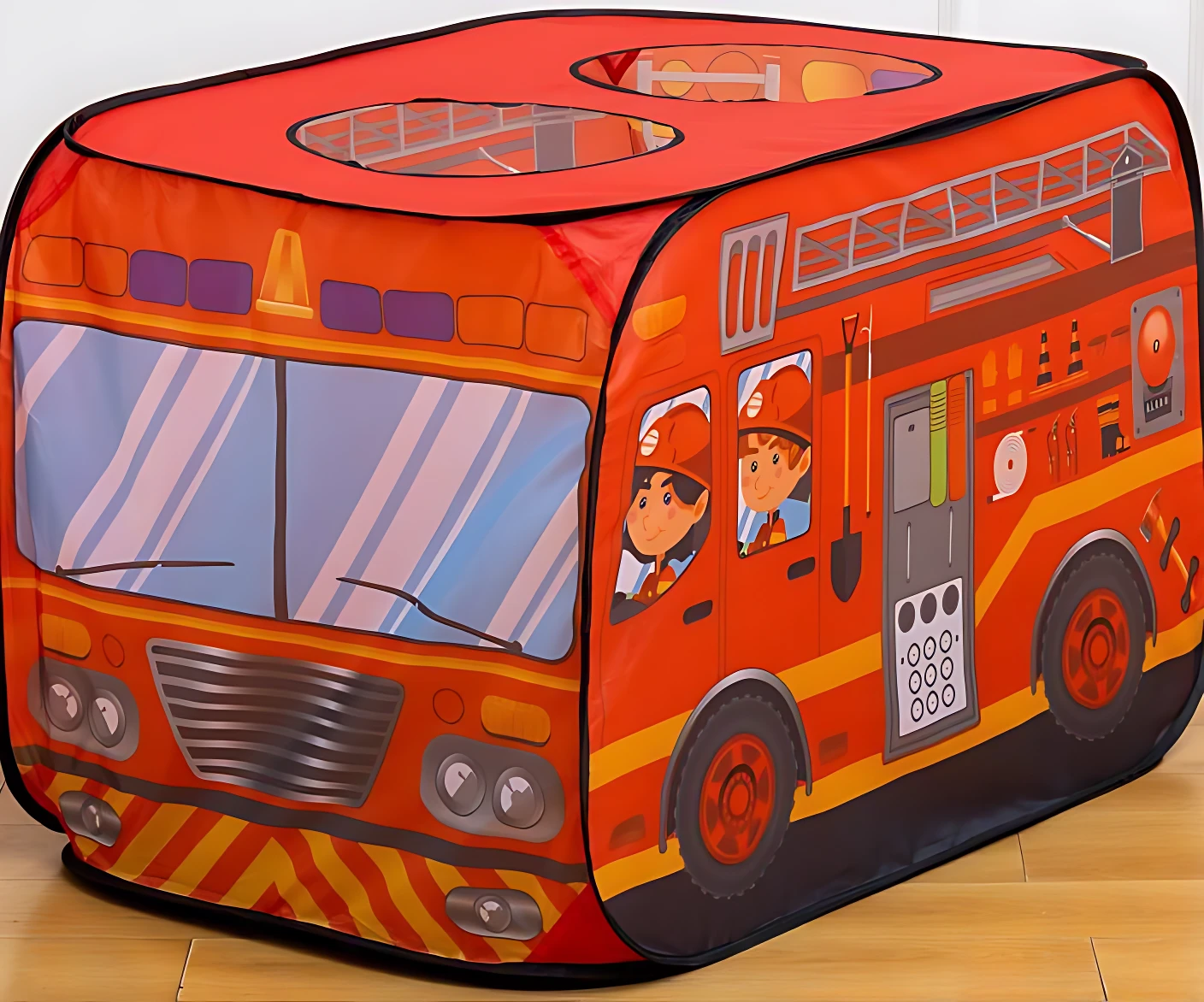 Carpa inflable de bomberos en color rojo con detalles amarillos, ventanas transparentes y diseño de camión con personajes infantiles.