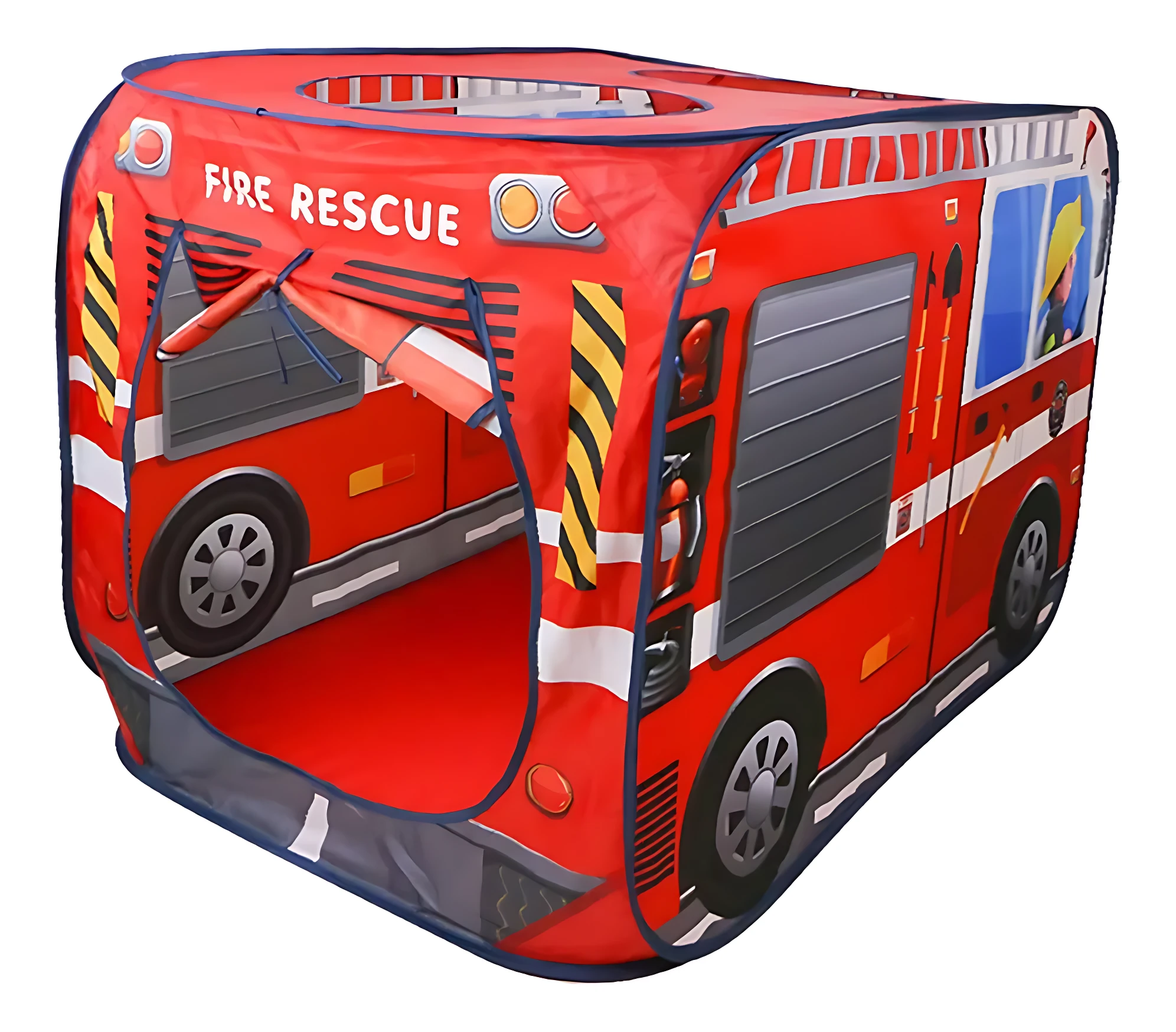 Carpa inflable de bomberos roja con detalles en amarillo y negro, diseño de camión con puertas abiertas y espacio interior visible.