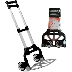 Carreta plegable de aluminio con ruedas grandes y asa telescópica, mostrando vista frontal y lateral desplegada. Capacidad 75 kg. Ideal para transporte de cargas pesadas sin dañar pisos.