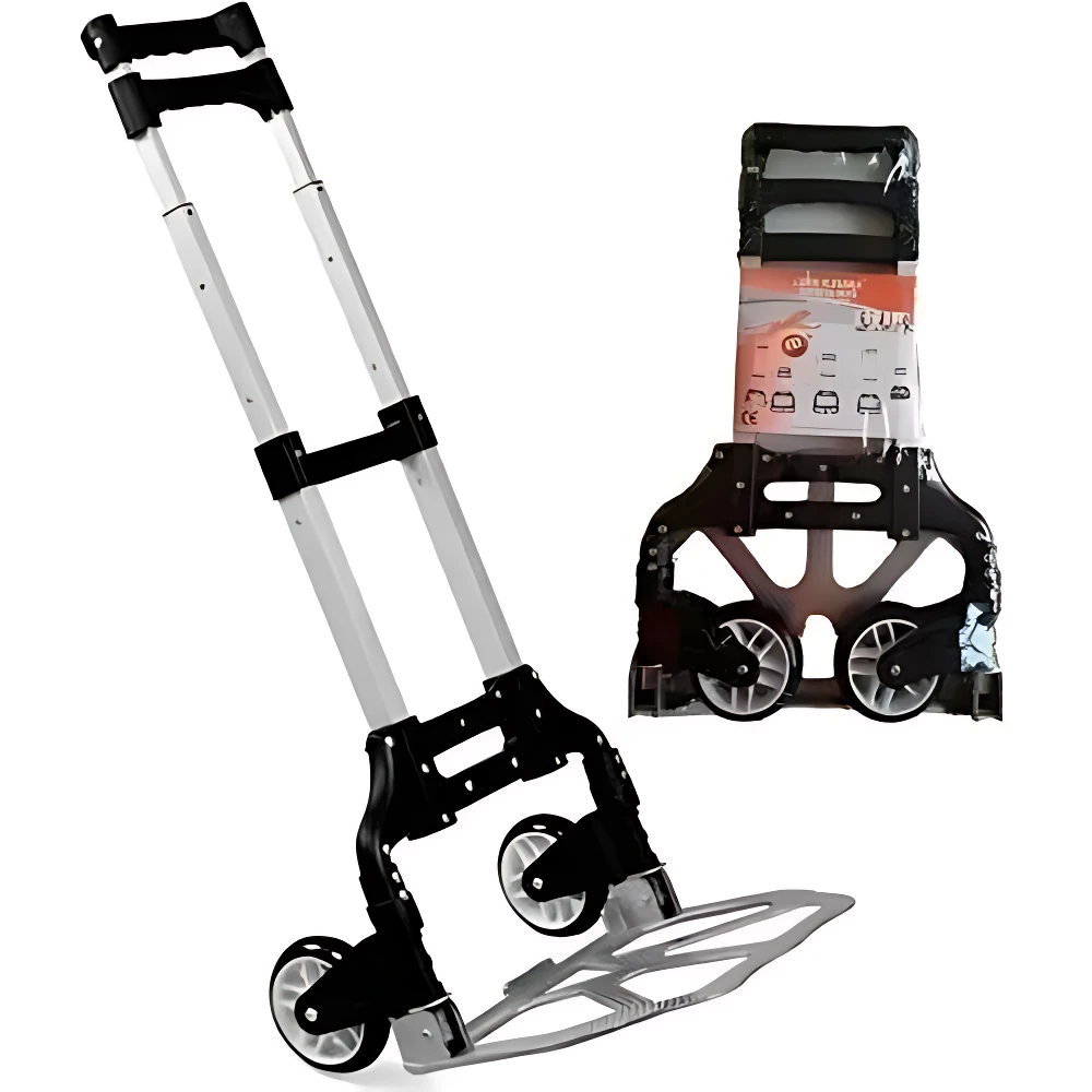 Carreta plegable de aluminio con ruedas grandes y asa telescópica, mostrando vista frontal y lateral desplegada. Capacidad 75 kg. Ideal para transporte de cargas pesadas sin dañar pisos.