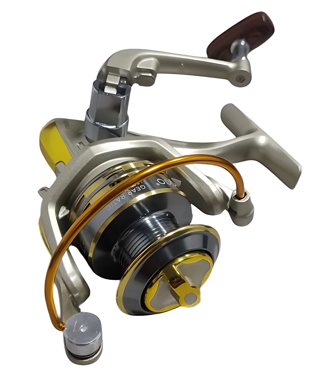 Carrete spinning de cuerpo metálico con Line Roller en color plateado y detalles dorados, mango ergonómico y sistema de lanzamiento optimizado.