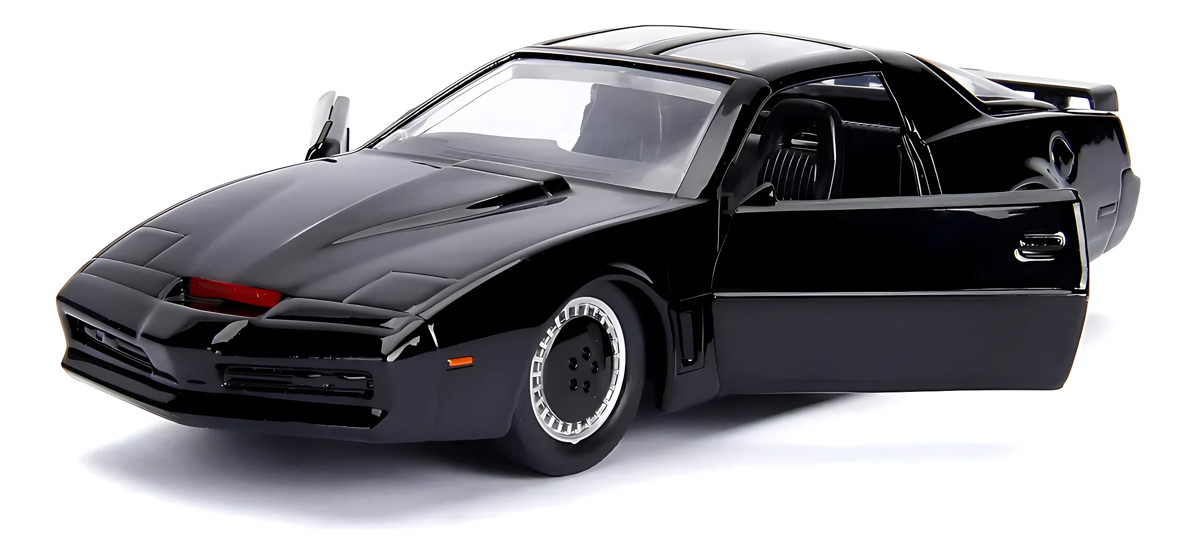 Réplica en escala 1:32 del carro de Knight Rider, color negro brillante con puertas abiertas, detalles en interior y llantas blancas.