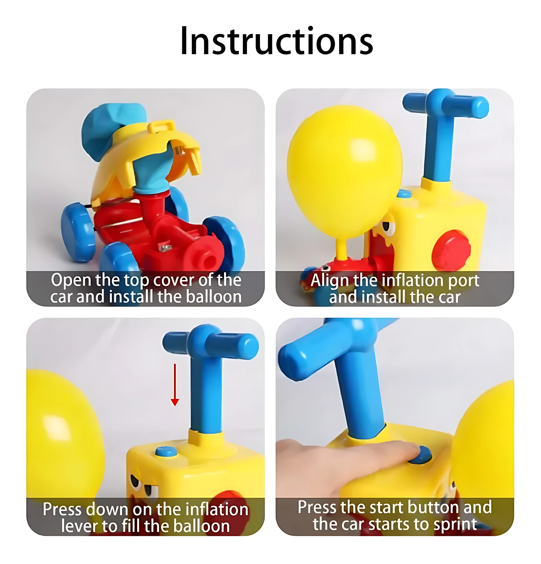 Instrucciones para armar el lanzador de autos con globos: abrir tapa amarilla, instalar globo, alinear puerto, presionar palanca azul y botón rojo para despegar.