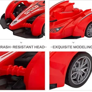 Carro deportivo rojo con detalles en negro, diseño aerodinámico y ruedas de aleación. Muestra resistencia a impactos y acabado detallado.