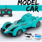 Carro deportivo Roving O1 en color turquesa con detalles naranjas, control remoto incluido, cable USB y batería recargable de litio.