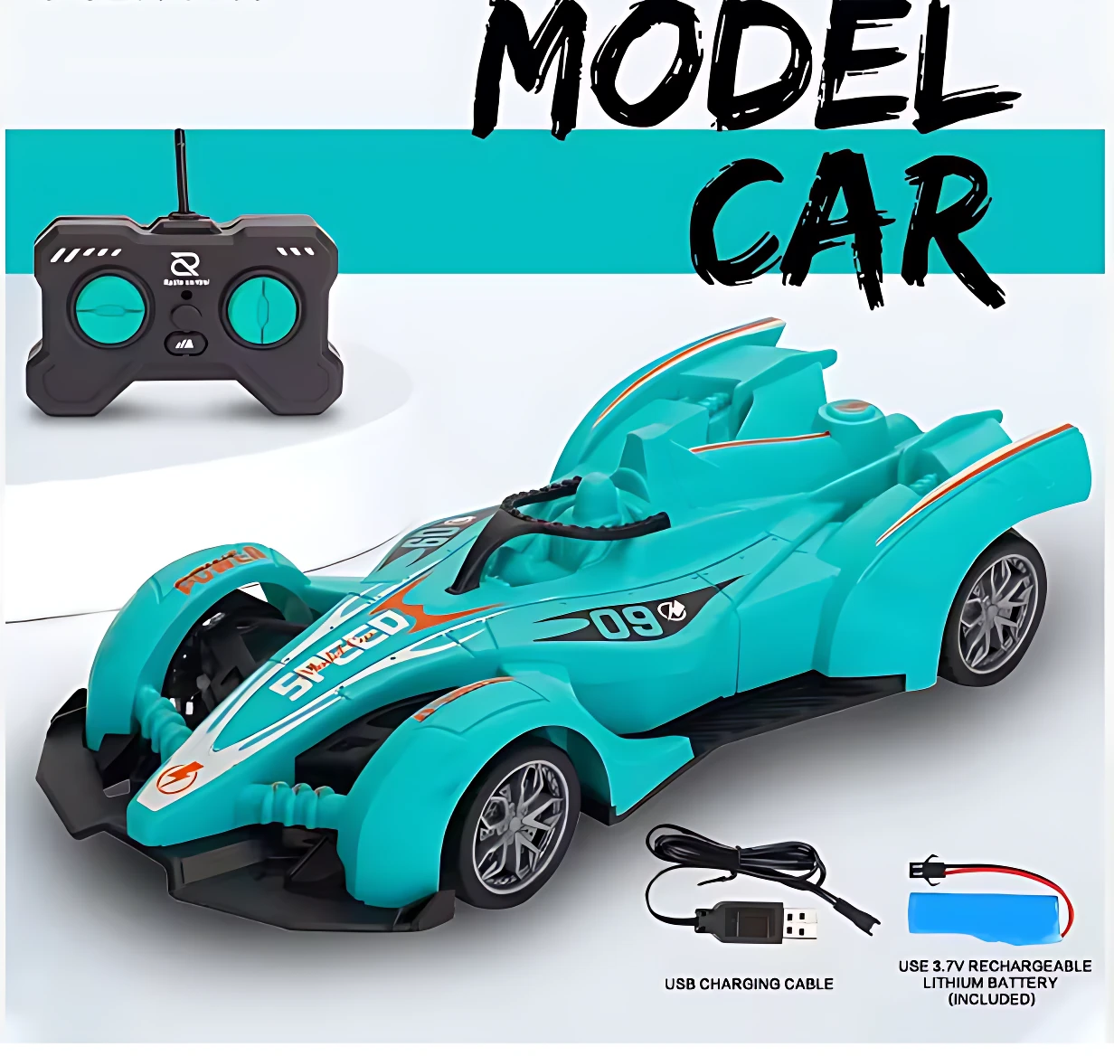 Carro deportivo Roving O1 en color turquesa con detalles naranjas, control remoto incluido, cable USB y batería recargable de litio.