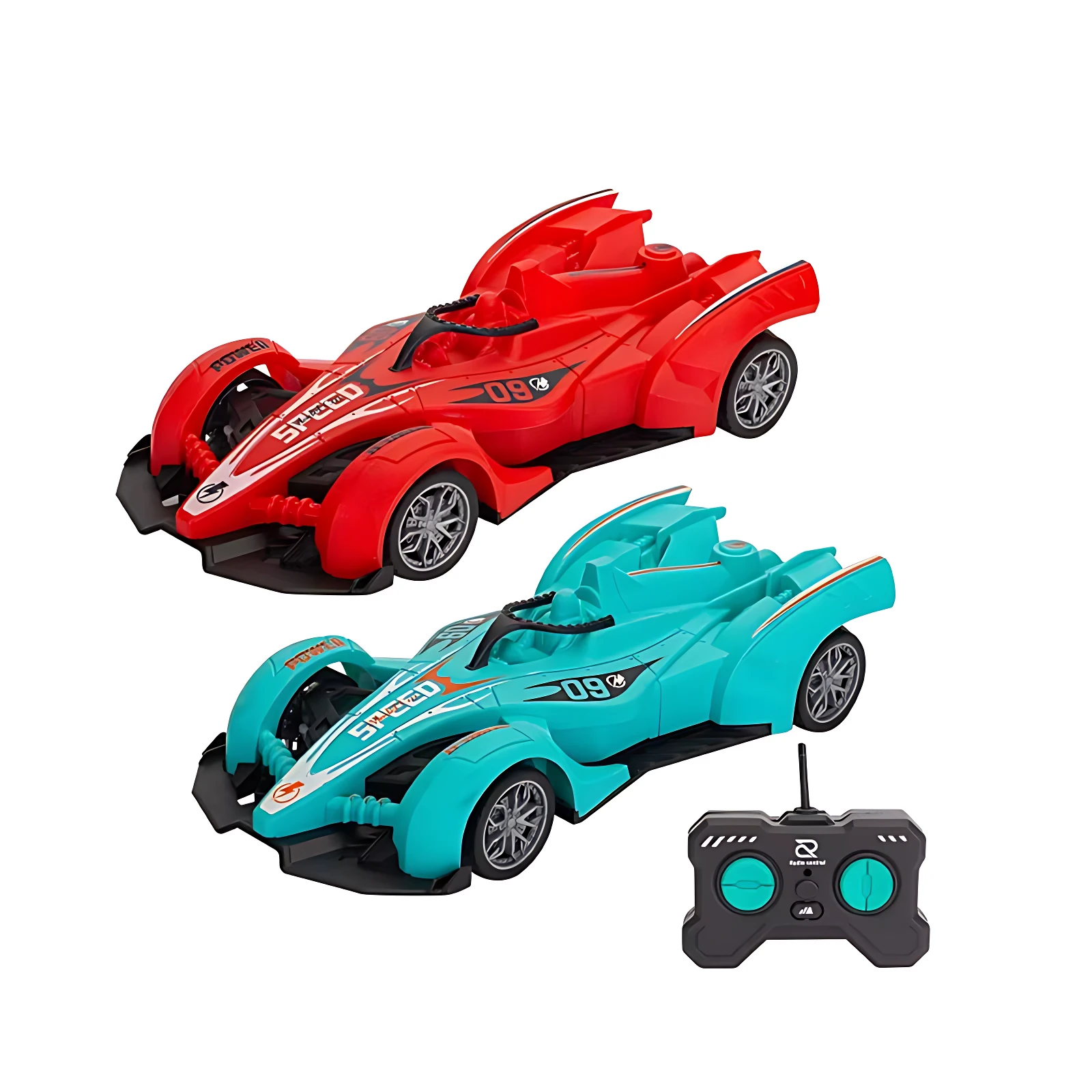 Carro de control remoto deportivo Roving O1 en rojo y turquesa, con diseño aerodinámico, ruedas negras y mando a distancia incluido.