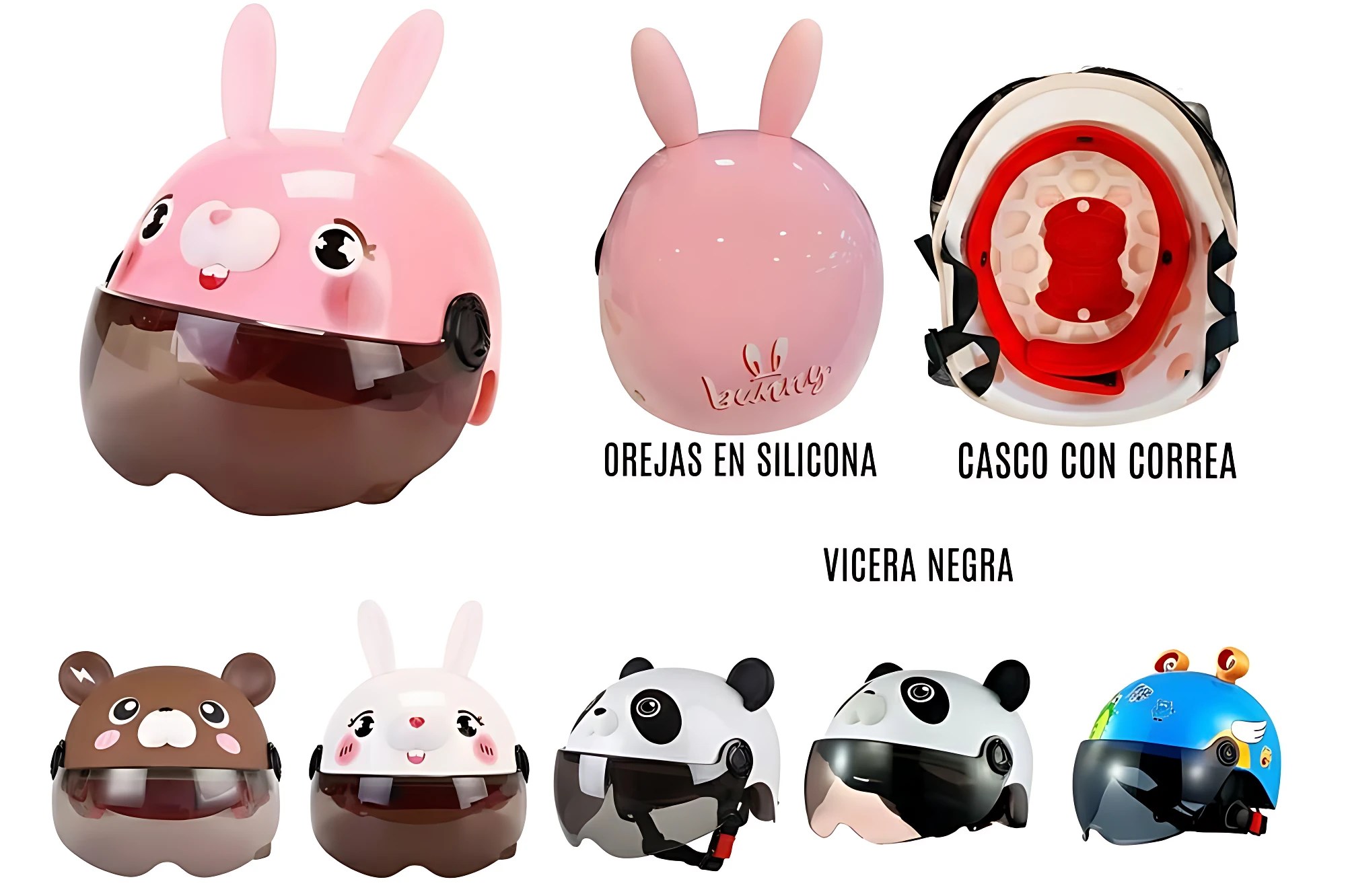 Casco infantil con visor oscuro y orejas de silicona en rosa, blanco y diseños de animales. Incluye correa de ajuste y visera negra.
