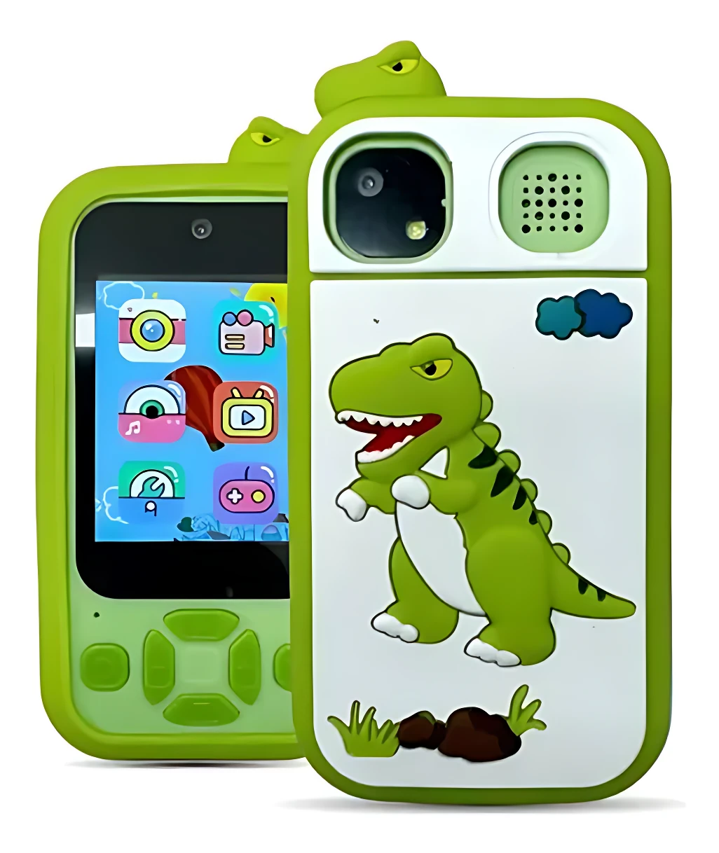 Teléfono infantil verde con funda de dinosaurio, pantalla encendida mostrando iconos de cámara y música, y detalles como altavoz y lente trasera visibles.