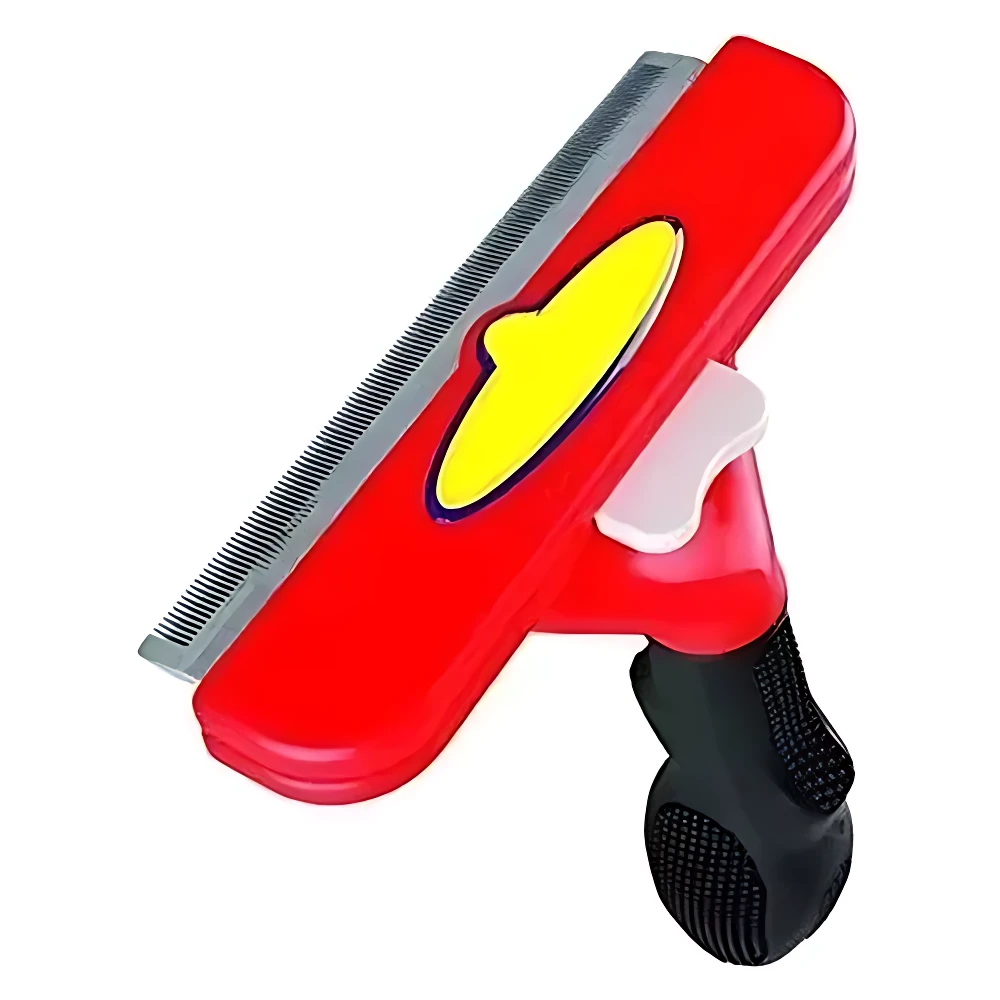 Cepillo deslanador rojo con mango negro y detalles amarillos, diseñado para eliminar pelo muerto y pulgas en mascotas.