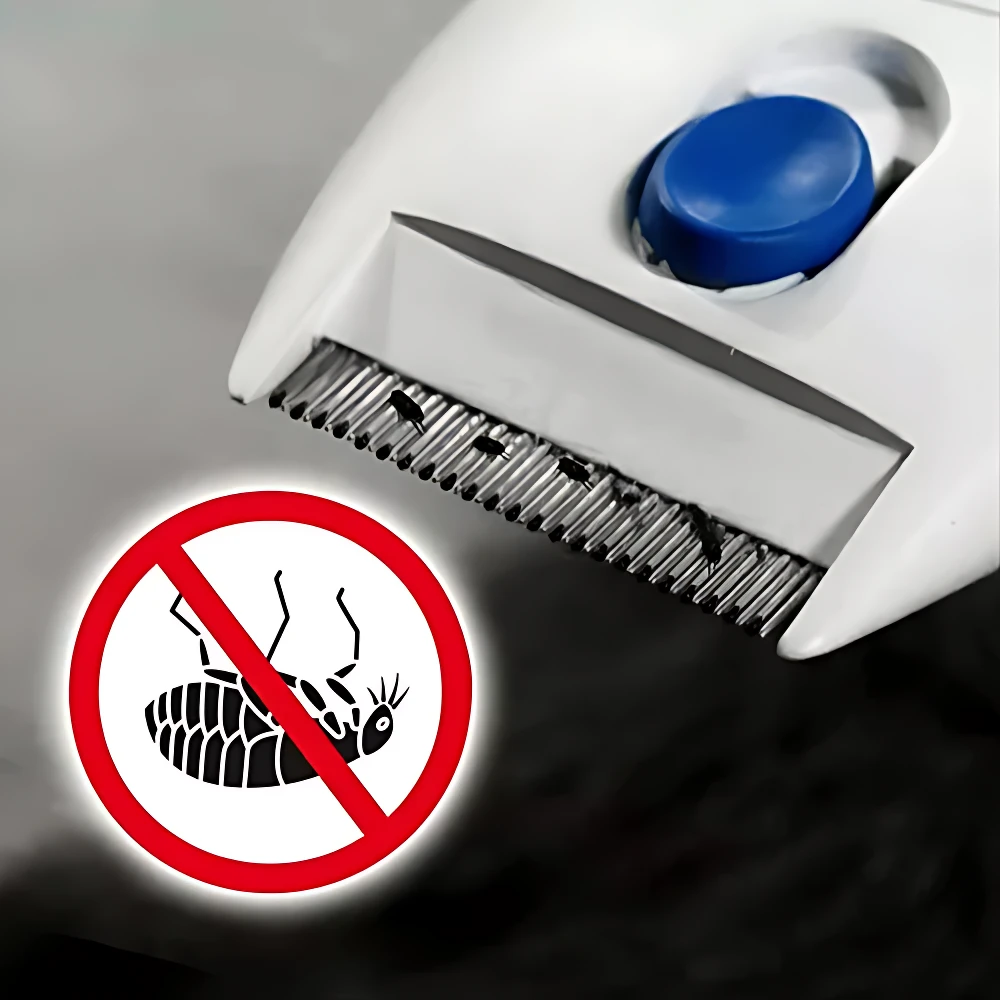 Peine eléctrico blanco con botón azul y dientes metálicos, diseñado para eliminar parásitos en pelaje de mascotas. Incluye icono de prohibición de pulgas.