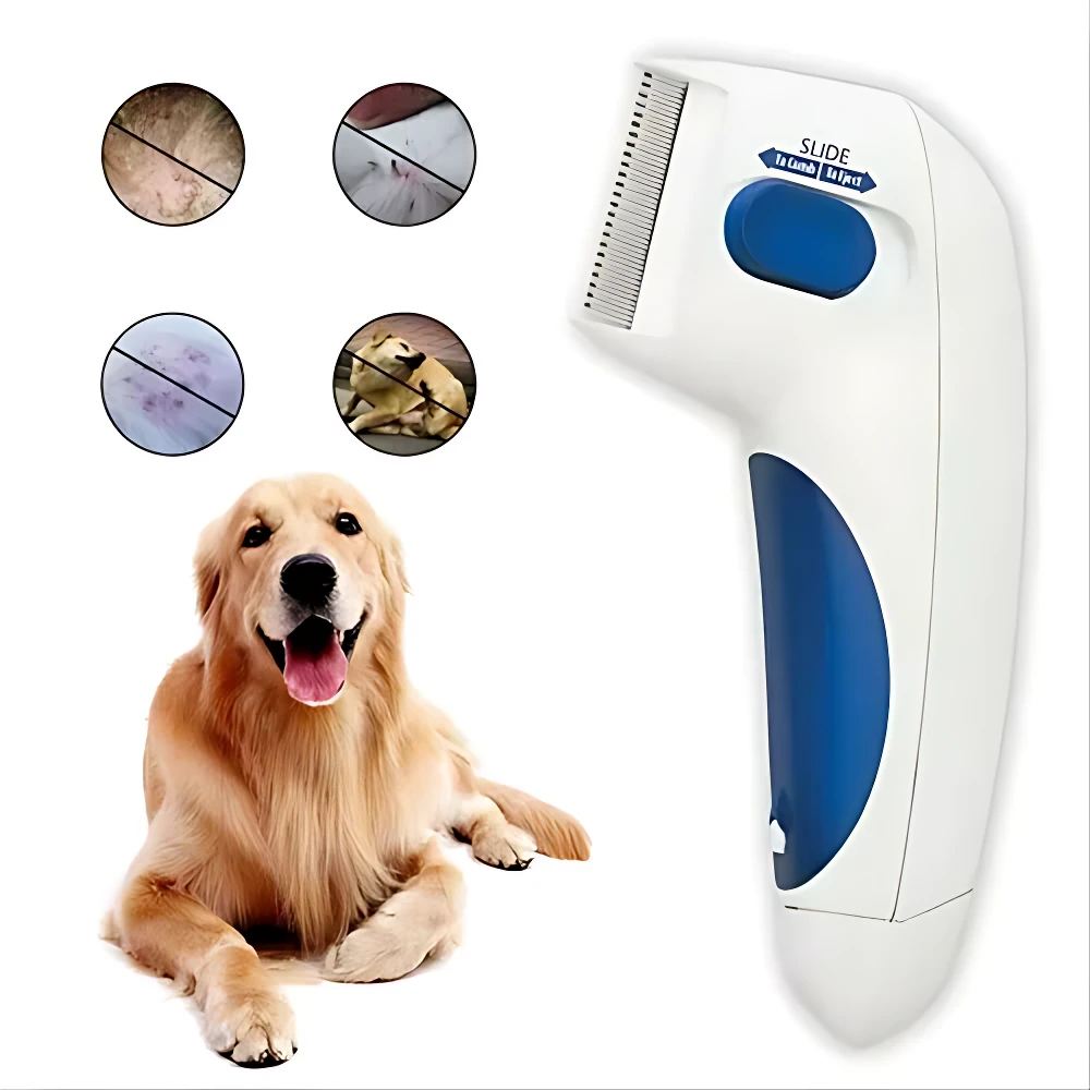 Peine eléctrico antipulgas blanco con detalles azules, diseñado para perros y gatos. Incluye cuatro círculos que muestran parásitos eliminados.
