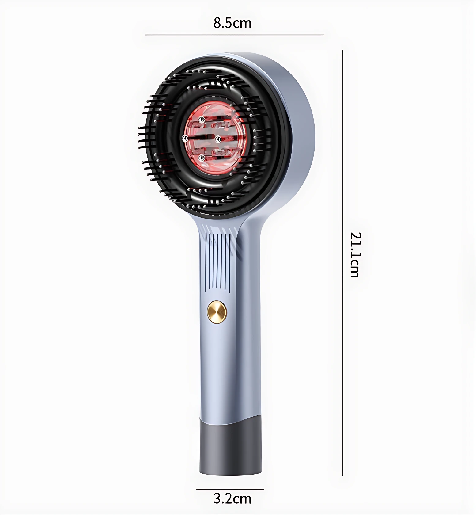 Cepillo eléctrico de masaje capilar con luz roja y aceites, color gris plateado, con dimensiones de 21,1 cm de altura y 8,5 cm de diámetro.