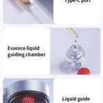 Cepillo eléctrico de masaje capilar con luz roja y sistema de guía de aceites esenciales, mostrando puerto Type-C, cámara de líquido y bola guía.