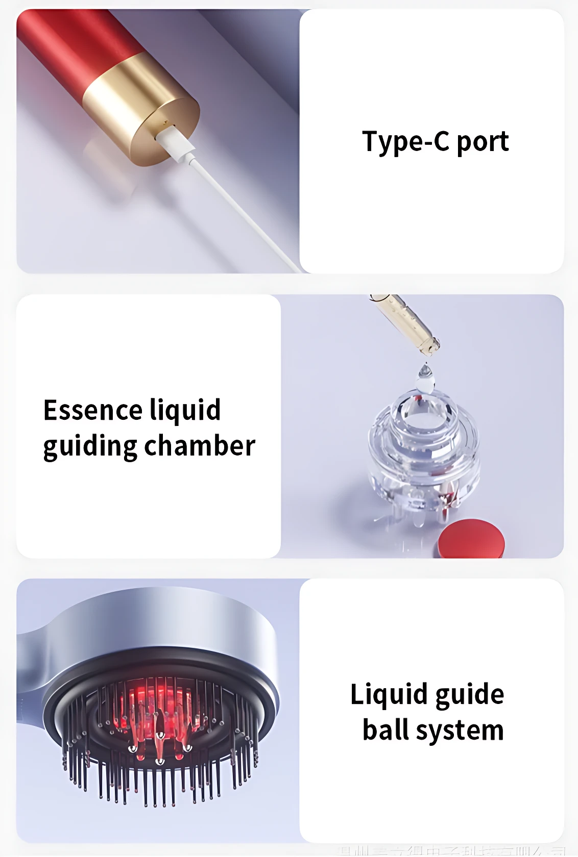 Cepillo eléctrico de masaje capilar con luz roja y sistema de guía de aceites esenciales, mostrando puerto Type-C, cámara de líquido y bola guía.
