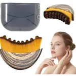 Cepillo de drenaje linfático facial con cabezales de masaje en madera y silicona, mostrando vista frontal, detalle de textura y uso en rostro femenino.