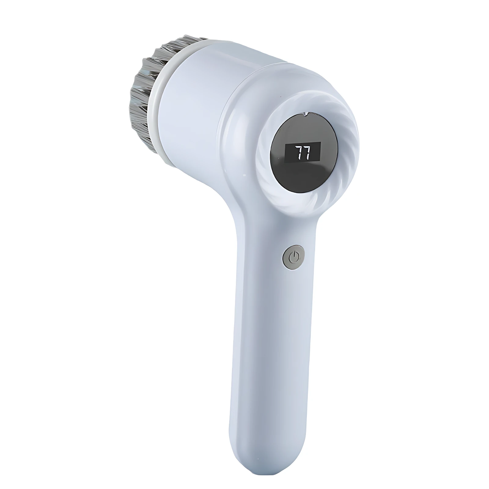 Cepillo eléctrico inalámbrico blanco con pantalla digital que muestra 77, mango ergonómico y cerdas duras para limpieza de esquinas de ducha e inodoro.