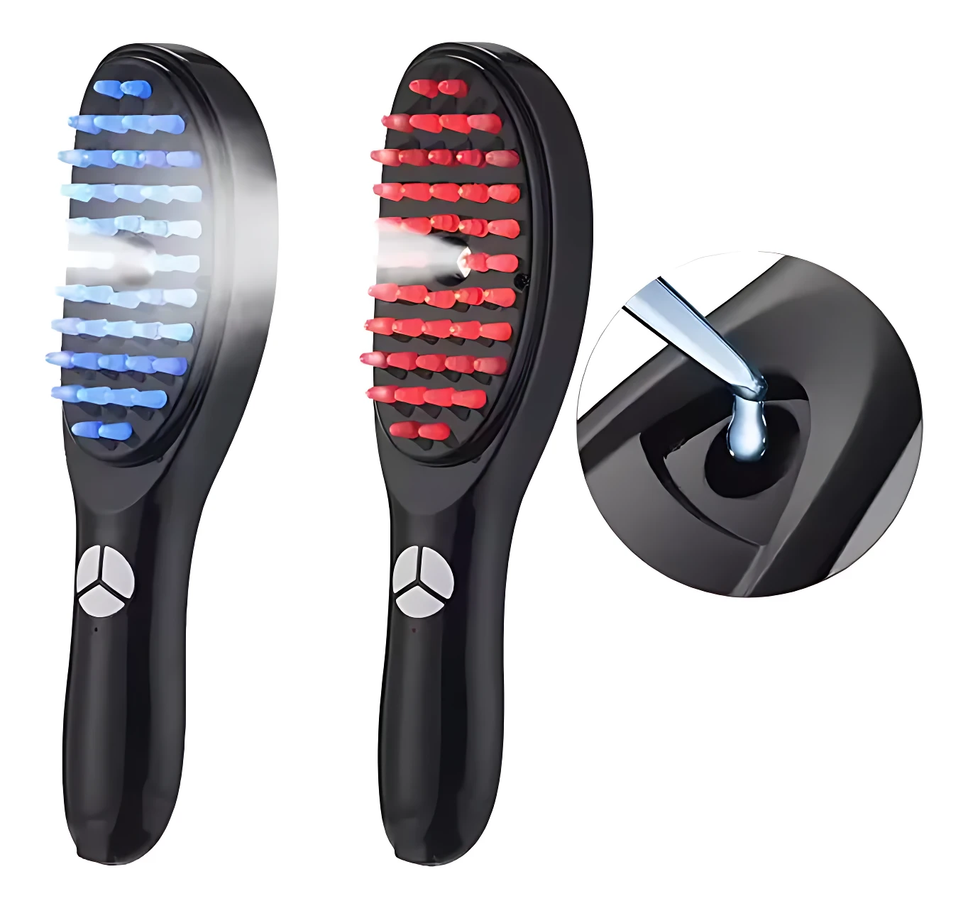 Cepillo masajeador LED con luces roja y azul para estimular el crecimiento del cabello y aliviar tensión muscular, con vista de detalle de la textura de las cerdas.