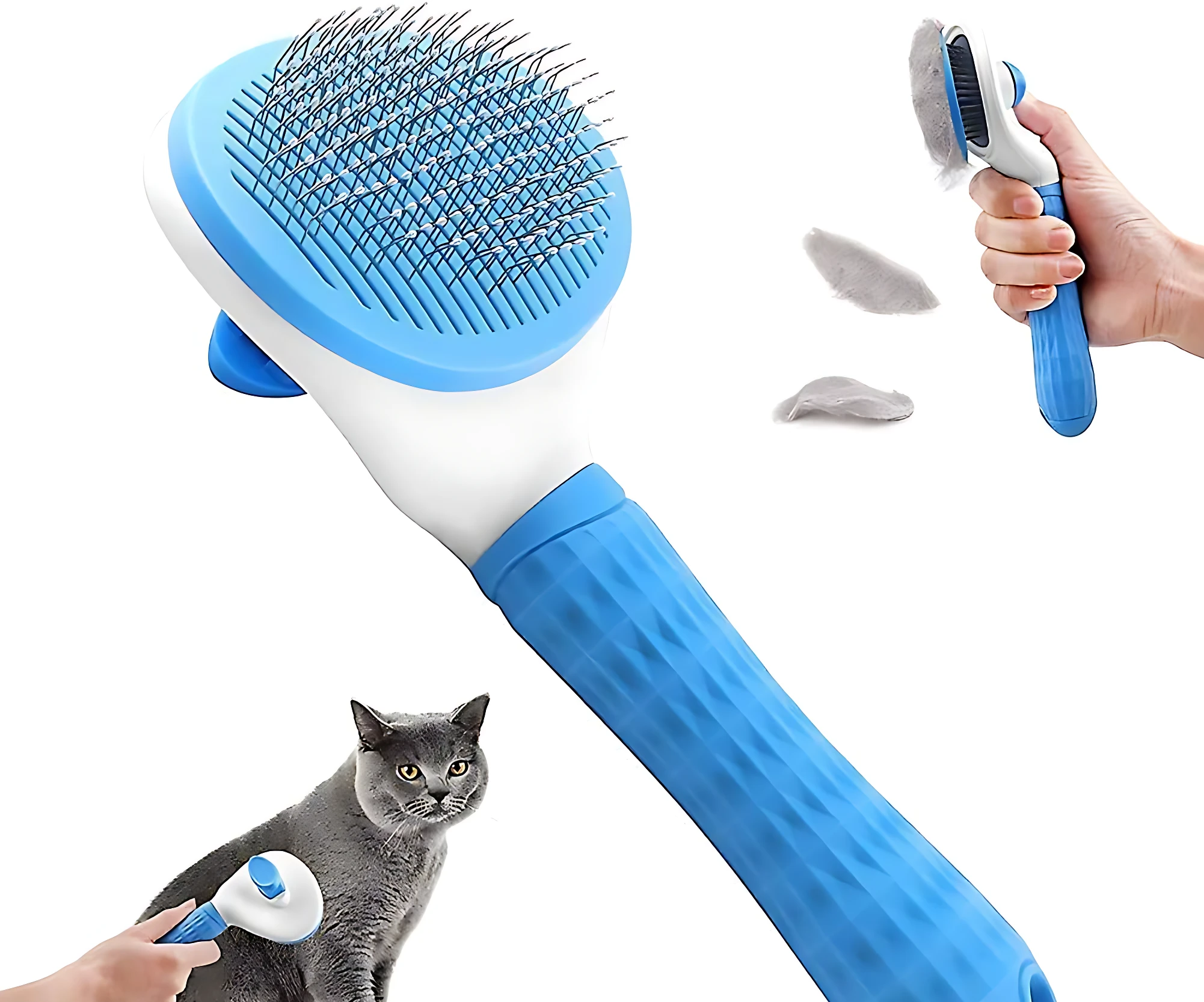 Cepillo desengomador para gatos con cerdas metálicas y mango ergonómico azul, en uso sobre felino gris.