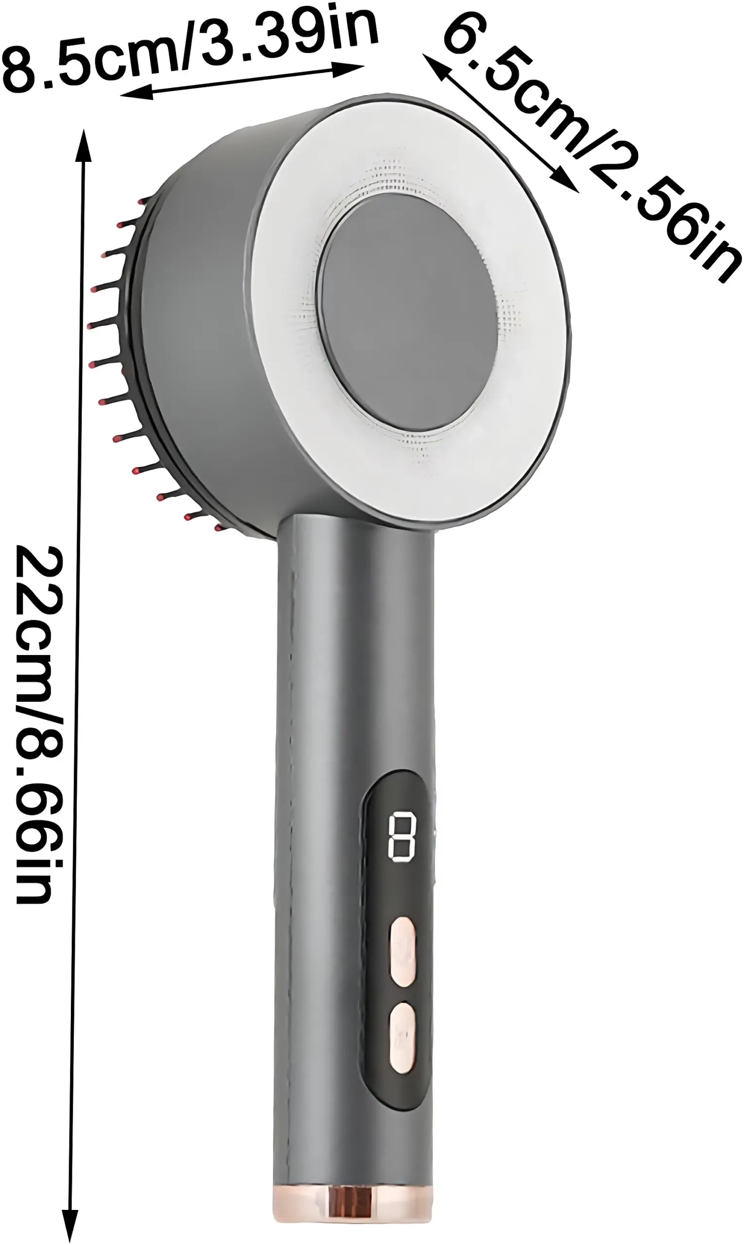 Cepillo de fototerapia láser gris con pantalla digital y detalles oro rosa. Mide 22 cm de alto, 8.5 cm de ancho y 6.5 cm de profundidad.