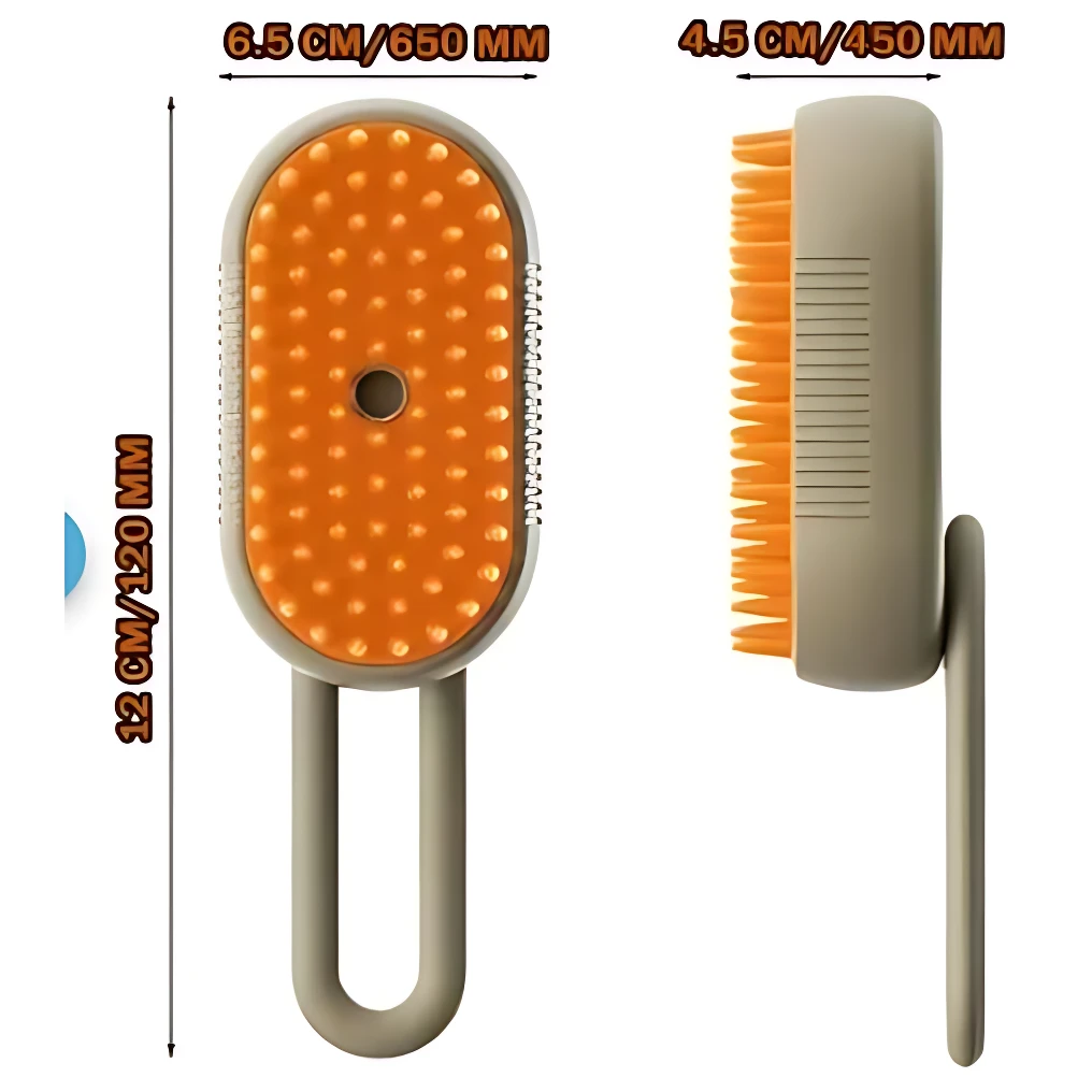 Cepillo vaporizador 3 en 1 para mascotas, color naranja y gris, con medidas de 12 cm de largo y 6.5 cm de ancho, mostrando vista frontal y lateral.