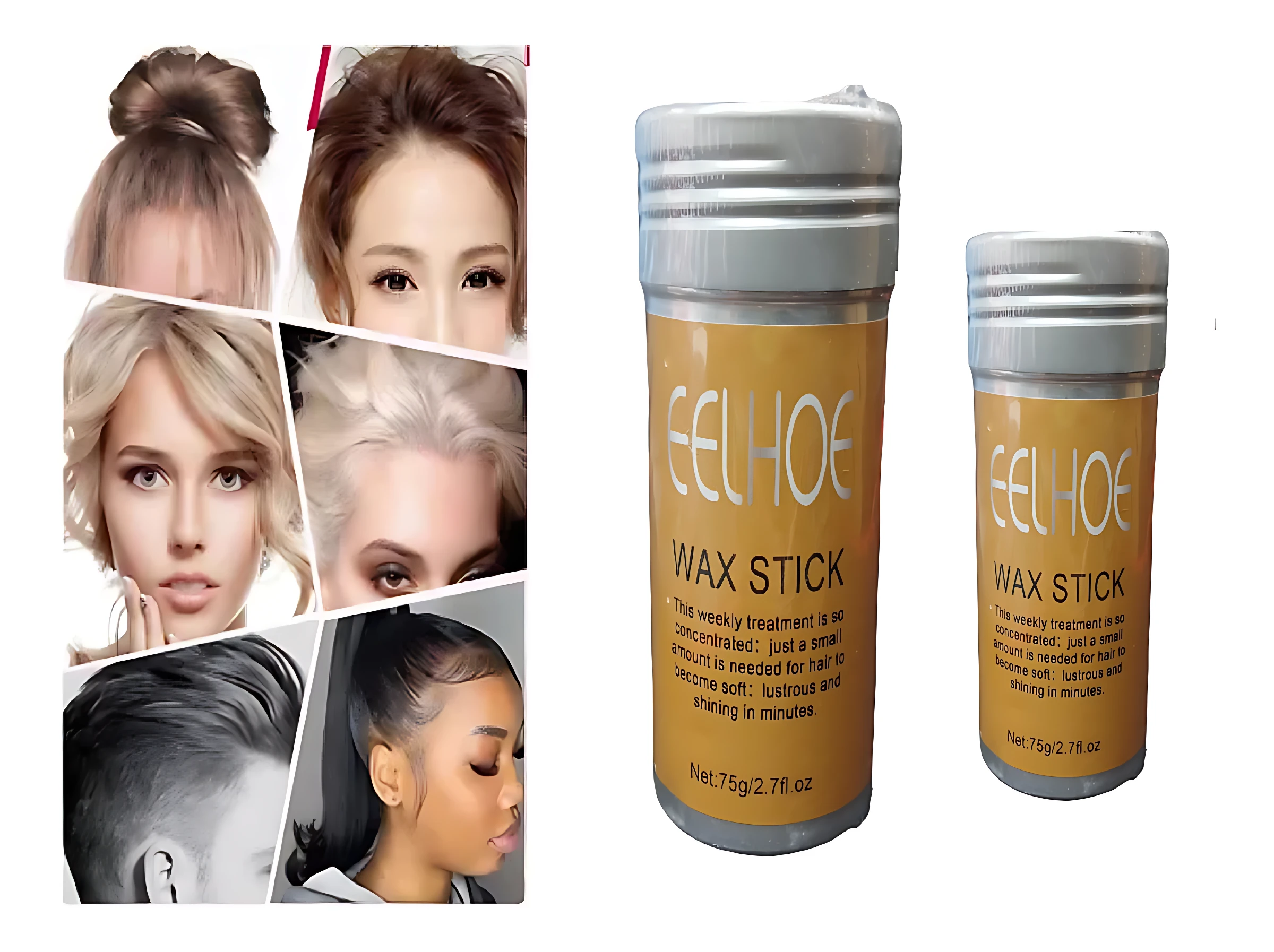 Set de tres barras de cera antifrizz EELHOE, presentadas en envases cilíndricos con tapa plateada y etiqueta dorada. Incluye variaciones de tamaño: una barra grande de 75g y dos pequeñas de 27g. A la izquierda, collage de modelos mostrando peinados con volumen, recogidos y estilos definidos, evidenciando el uso del producto para controlar el frizz y fijar el cabello sin ensuciar las manos.