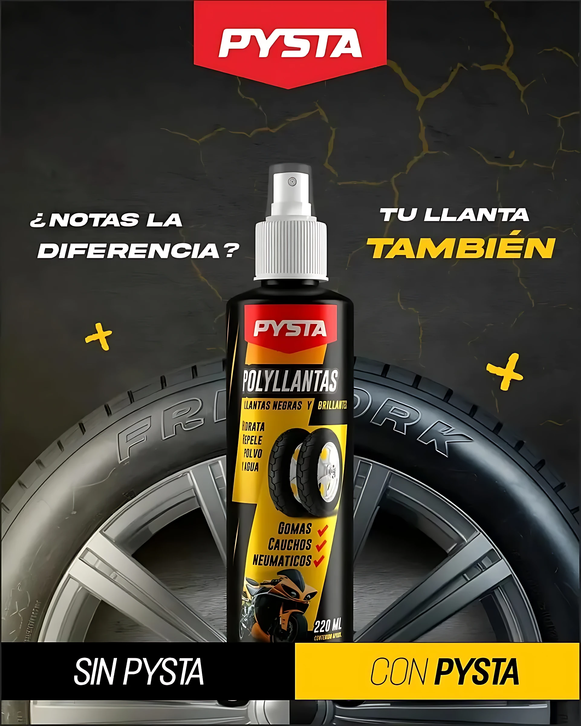 Botella de spray Pysta Polyllantas, 220 ml, con etiqueta amarilla y negra, sobre neumático con acabado brillante y oscuro.