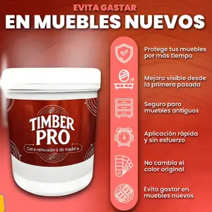Cera renovadora de madera Timberpro™ en envase blanco con tapa, sobre fondo rojo con lista de beneficios en español. Producto para restaurar muebles sin cambiar su color original.