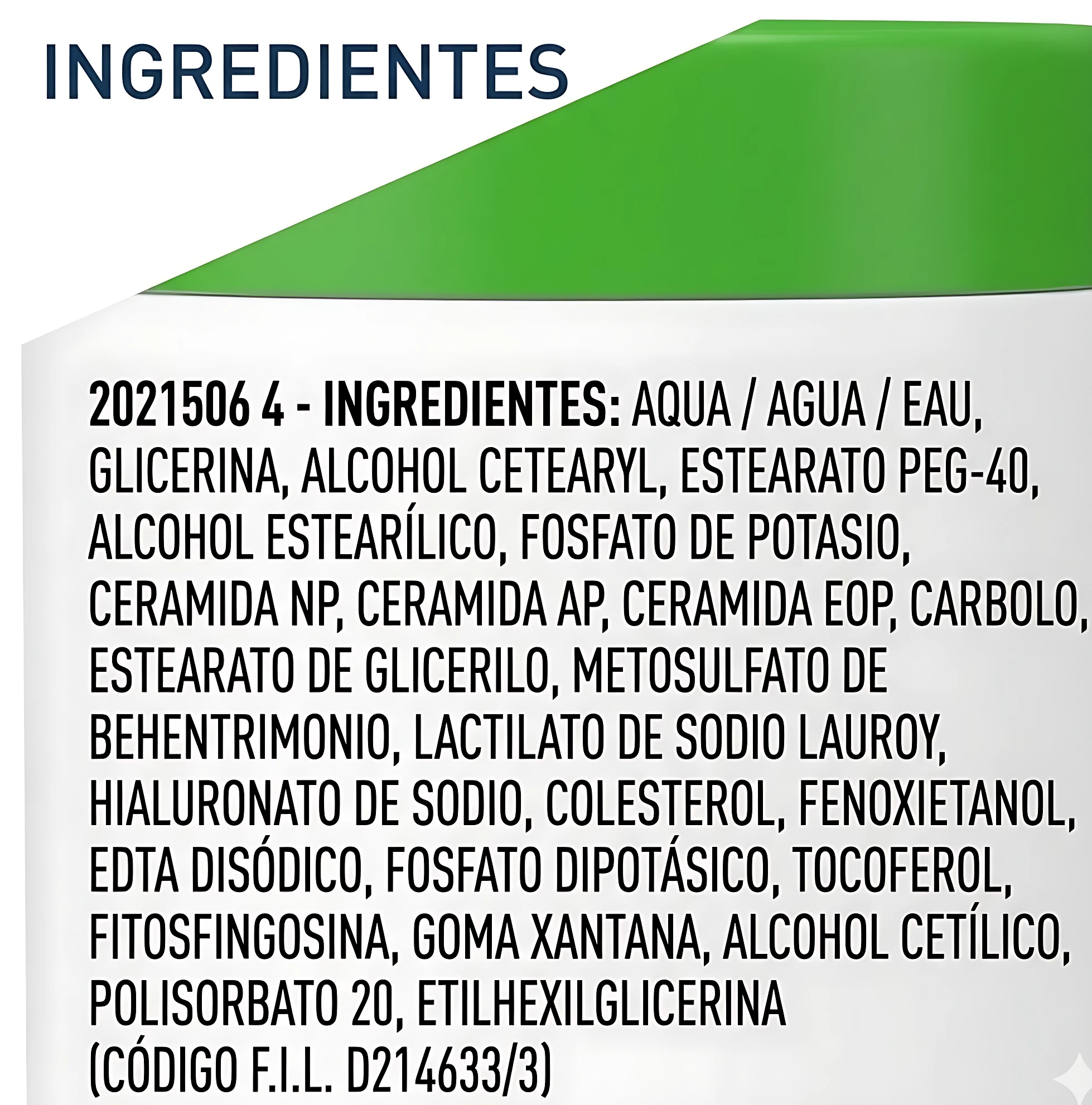 Etiqueta con lista de ingredientes del limpiador facial hidratante Cerave, fondo blanco y verde.