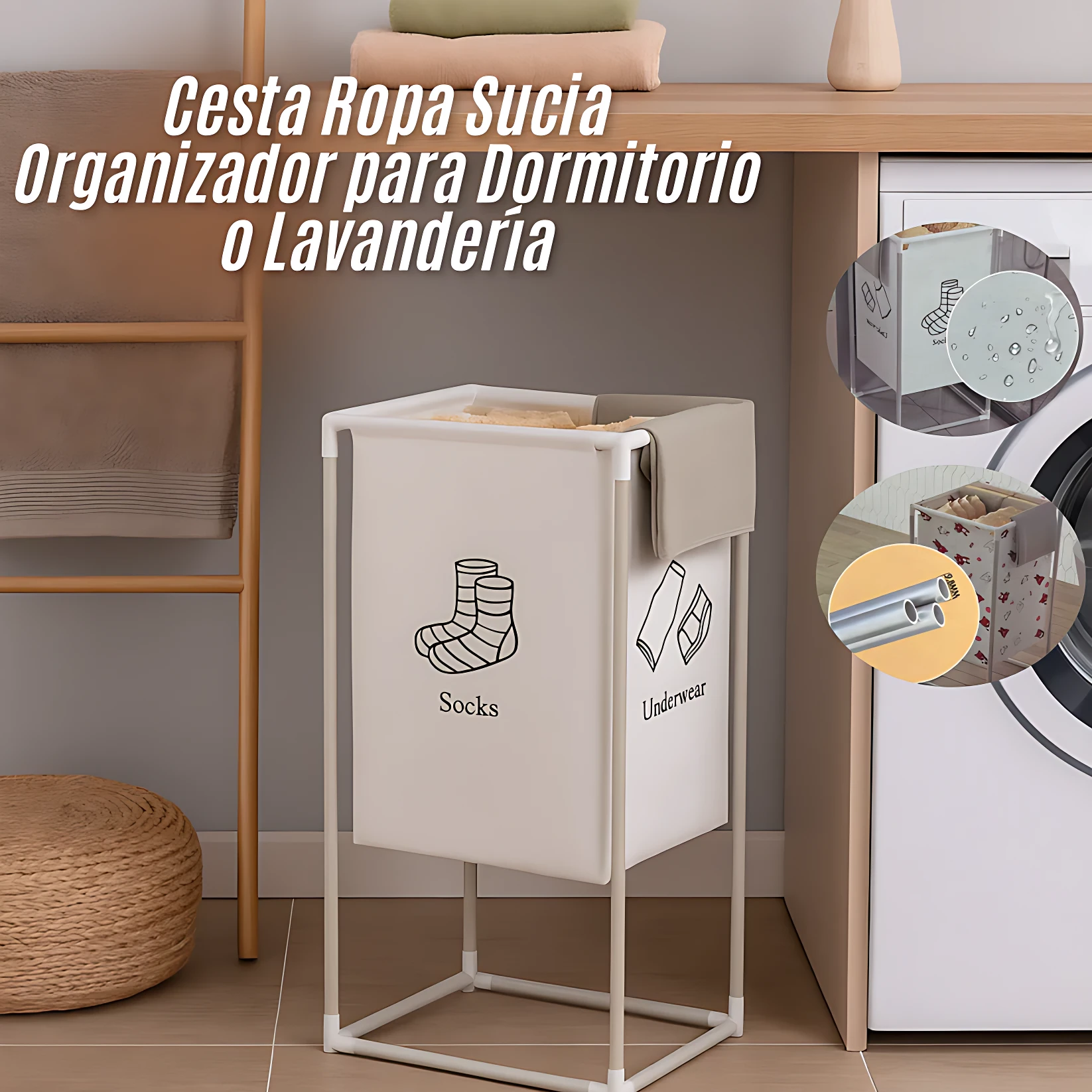 Cesta organizadora de ropa sucia en tela beige con estante metálico blanco, etiquetas de calcetines y ropa interior, junto a lavadora y perchero.
