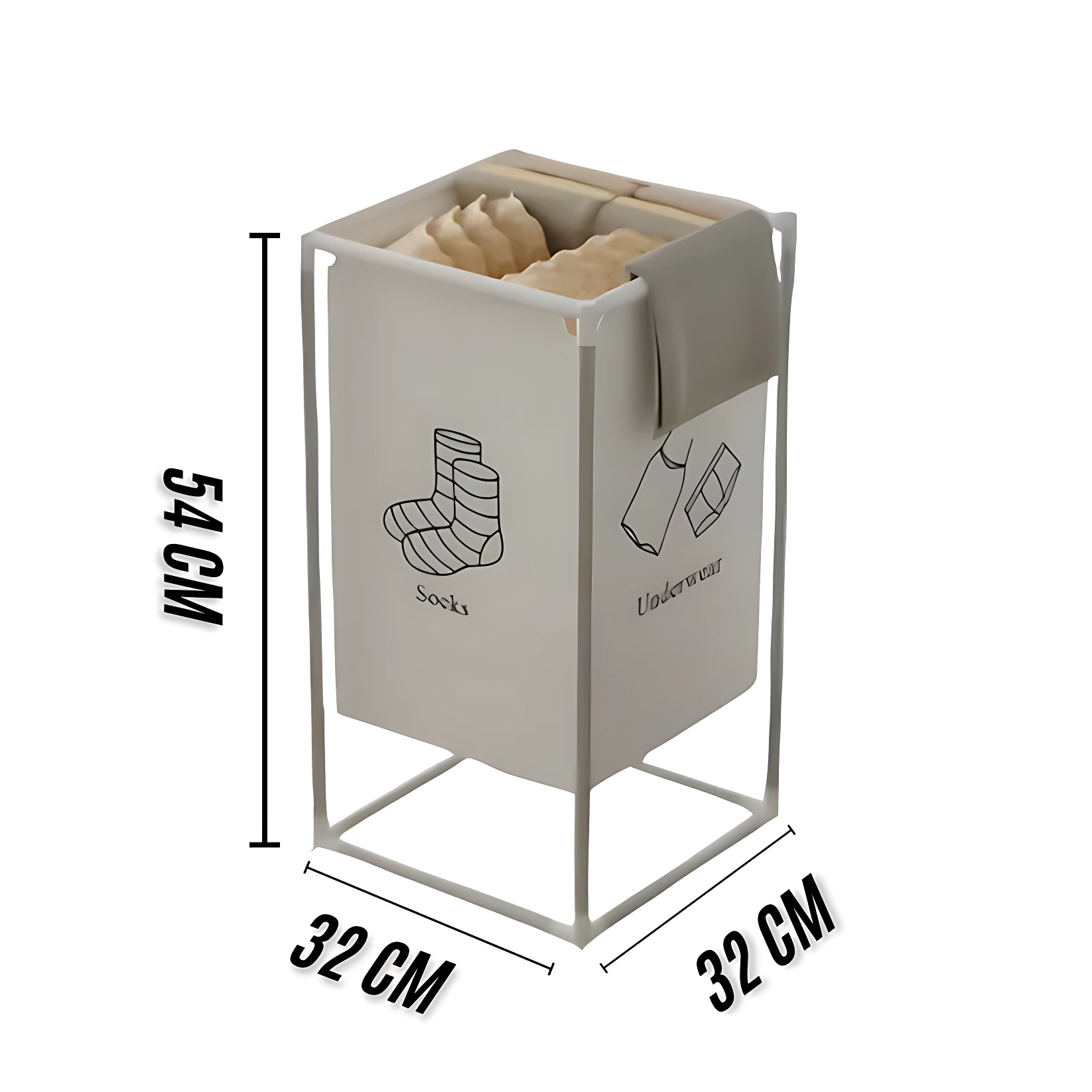 Cesta organizadora de ropa con tela lavable, color beige, sobre estructura metálica blanca. Mide 54 cm de alto y 32 cm de ancho por fondo. Contiene compartimentos para calcetines y ropa interior, con ilustraciones en la tela frontal.