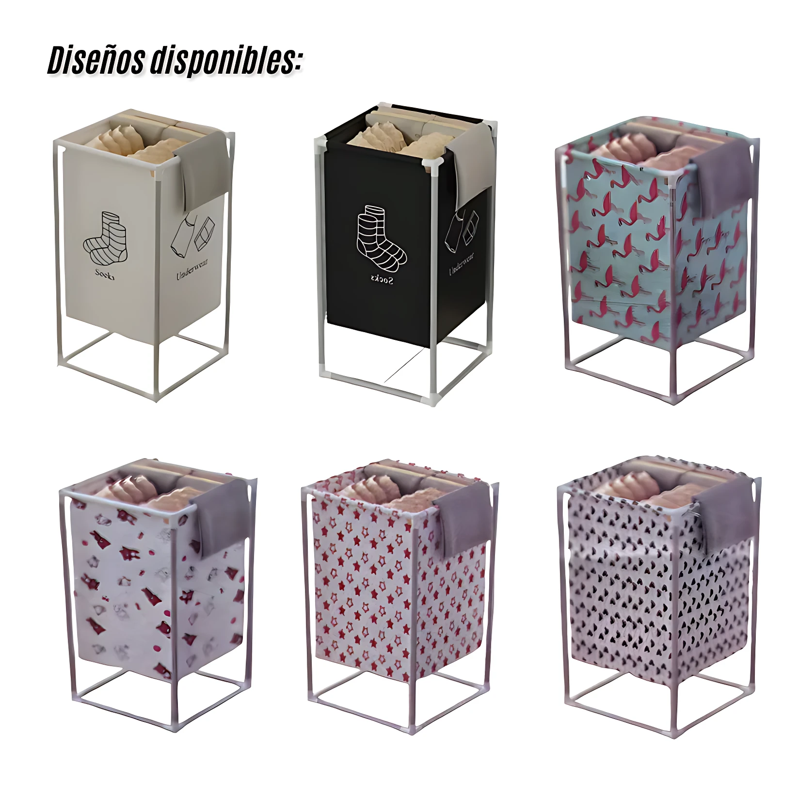 Seis cestas organizadoras de ropa con tela lavable sobre estructuras metálicas, en diseños variados: lino, negro, estampado de dinosaurios, patrones geométricos y animales, mostrando su capacidad para almacenar prendas dobladas.