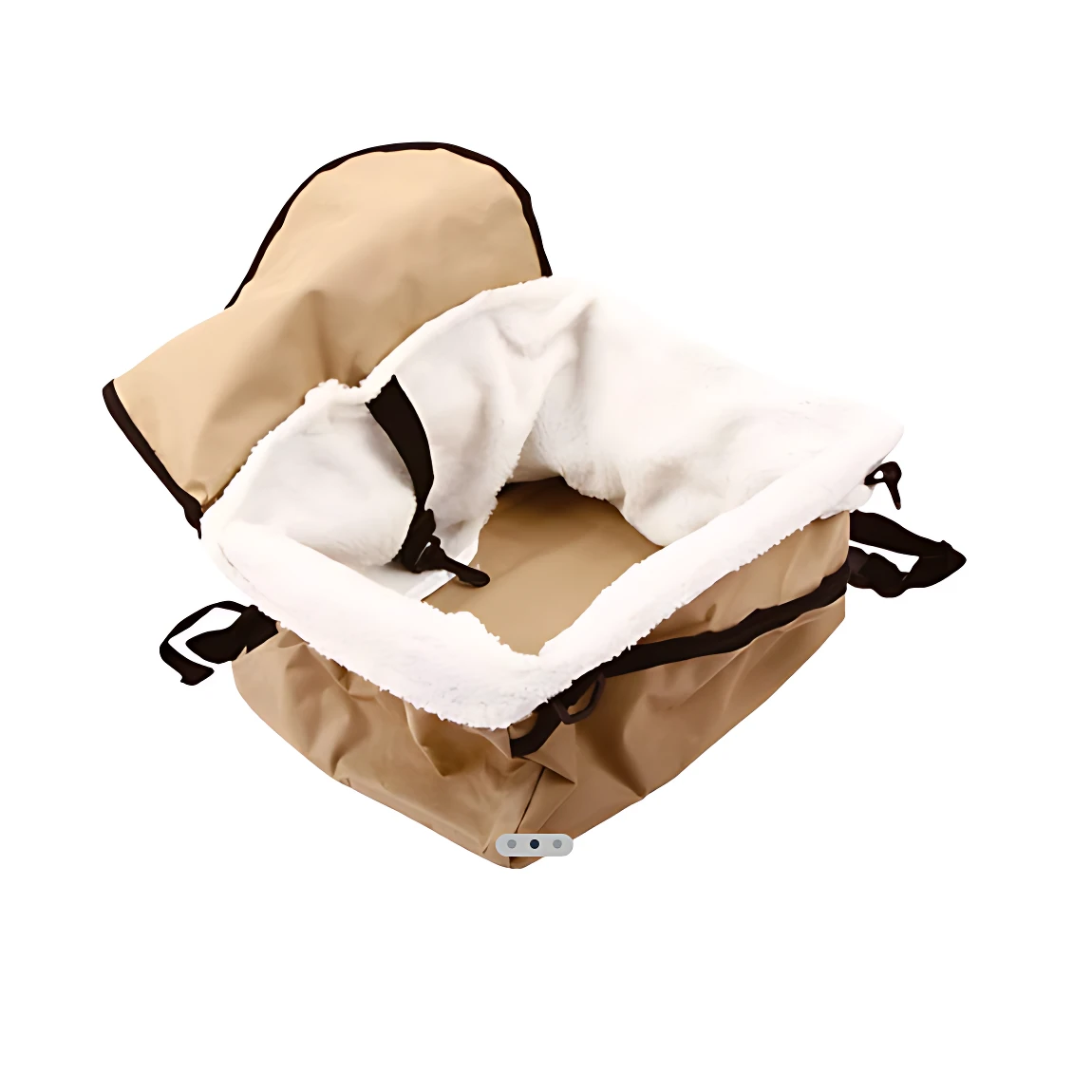 Cesta de transporte para mascotas en color beige con forro blanco acolchado, vista interior mostrando suaves bordes y asas negras.