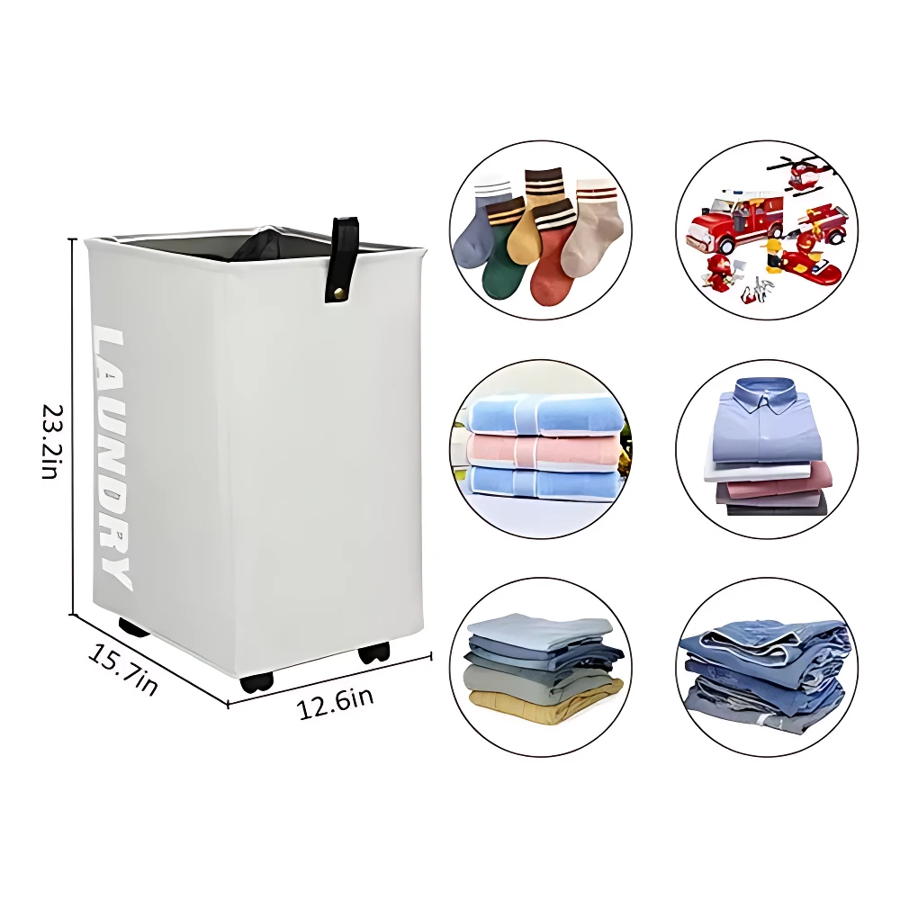 Cesta de ropa plegable Oxford en color blanco, con ruedas y asa de transporte. Mide 23.2 pulgadas de alto, 15.7 de ancho y 12.6 de profundidad. Ideal para organizar prendas sucias en casa.