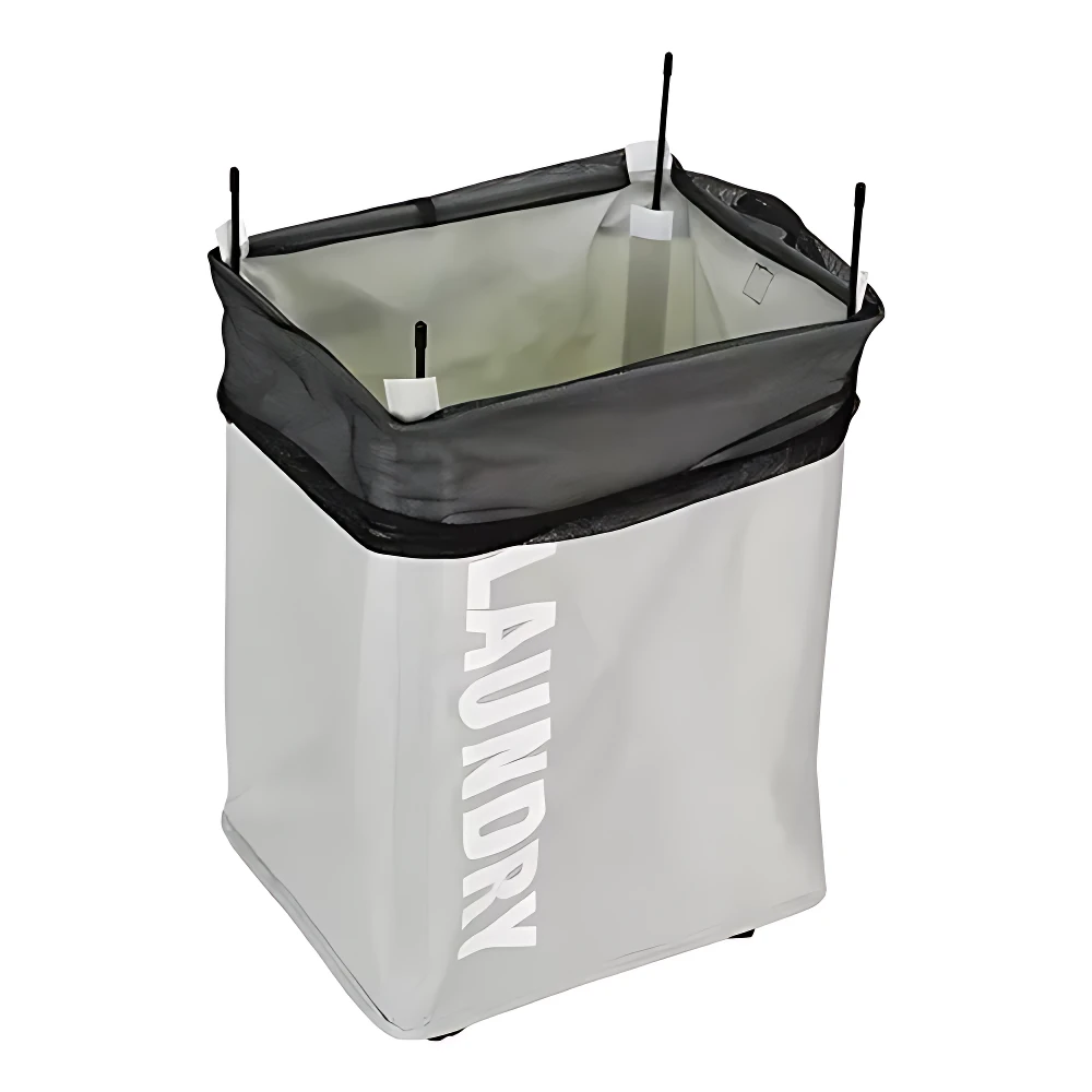 Cesta de ropa plegable Oxford en color gris claro con detalles negros, vista frontal mostrando el interior y las patas de soporte.