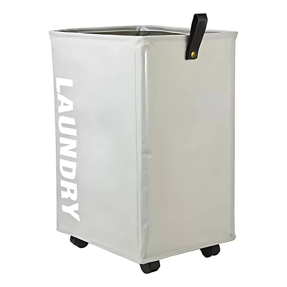 Cesta de ropa plegable Oxford en color blanco, con ruedas negras y asa de transporte. Lleva la palabra LAUNDRY impresa en letras grandes en el lateral.