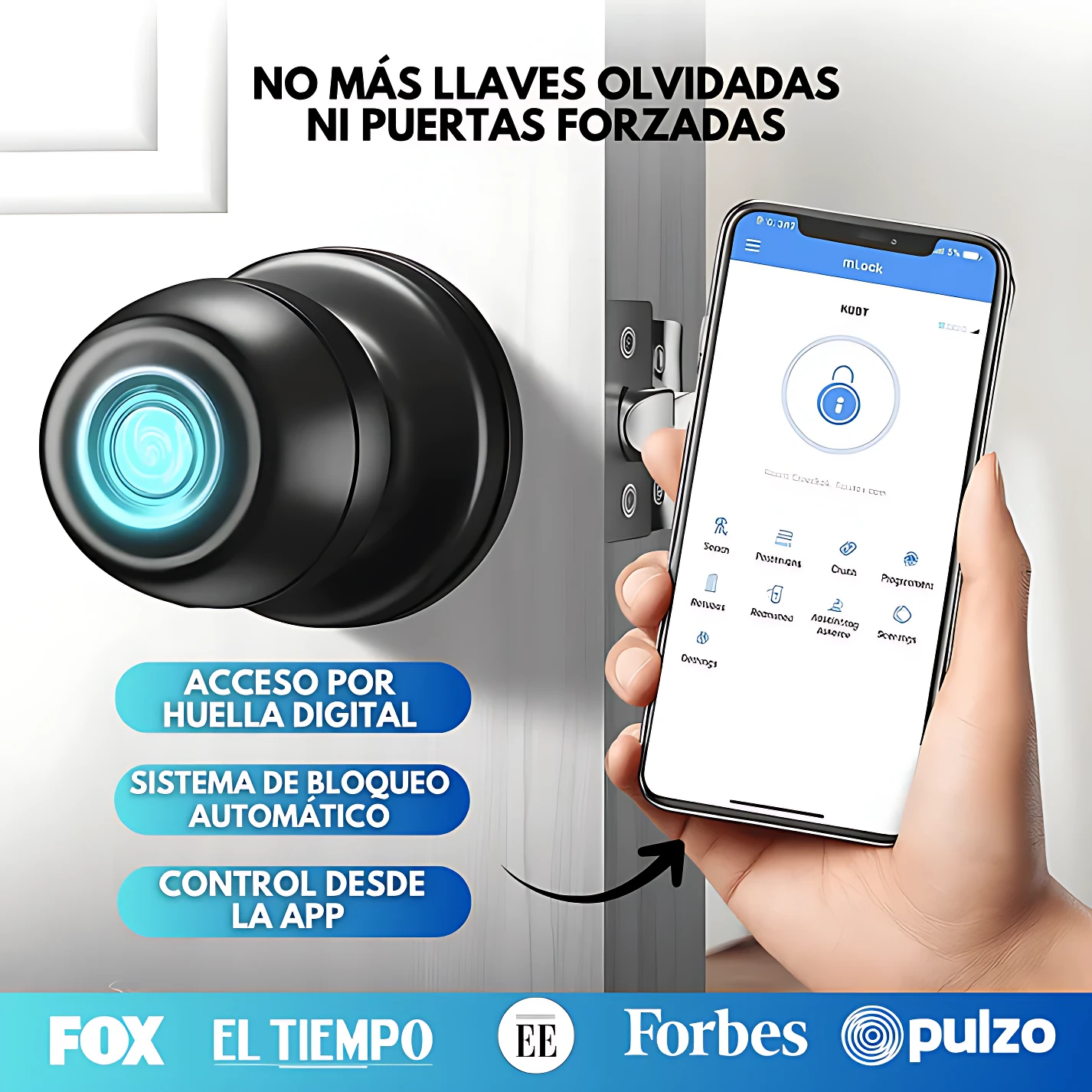 Chapa de seguridad biométrica negra con luz azul, controlada vía app en smartphone. Incluye bloqueo automático y acceso por huella digital.