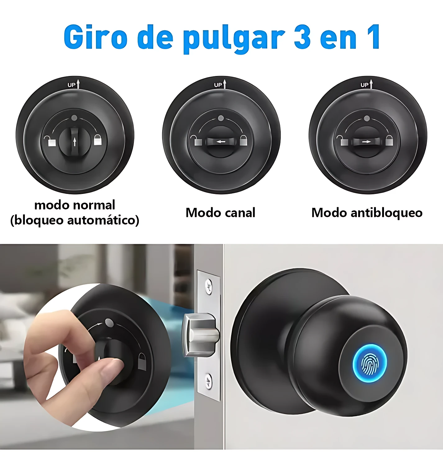 Chapa de seguridad biométrica negra con sensor de huella y tres modos de operación: normal, canal y antibloqueo, mostrada en detalle funcional y uso en puerta.