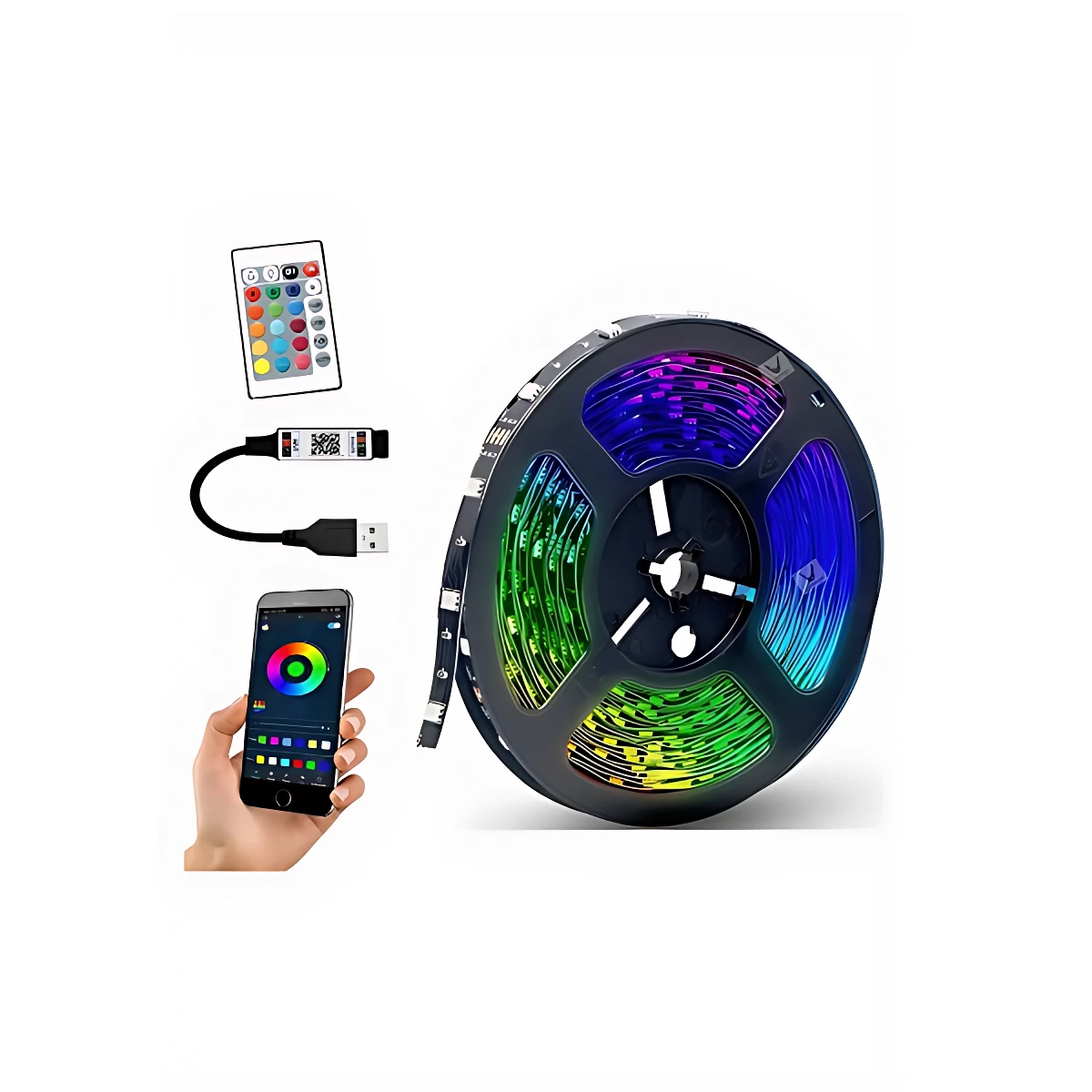 Cinta LED RGB enrollada en bobina negra, mostrando luces multicolor activas. Incluye control remoto, cable USB y aplicación móvil para ajuste de colores.