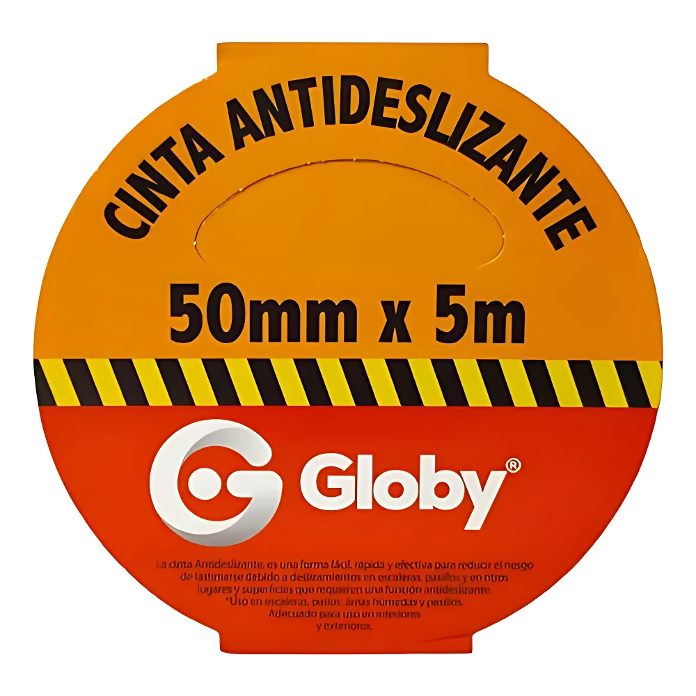 Cinta antideslizante Globy de 50mm x 5m, color naranja con franja amarilla y negra, para prevenir caídas en pisos mojados.