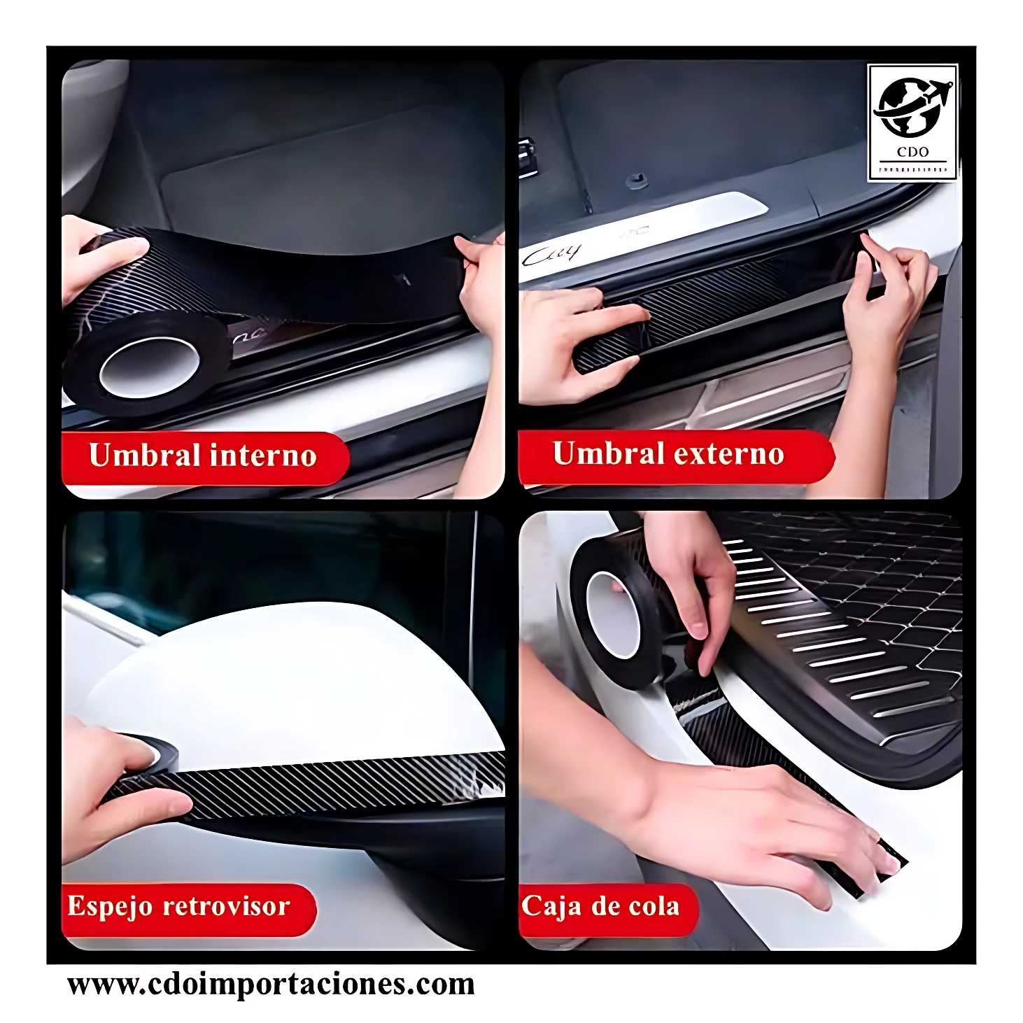 Cinta de fibra de carbono autoadhesiva de 5 cm aplicándose en umbral interno, externo, espejo retrovisor y caja de cola de vehículo.