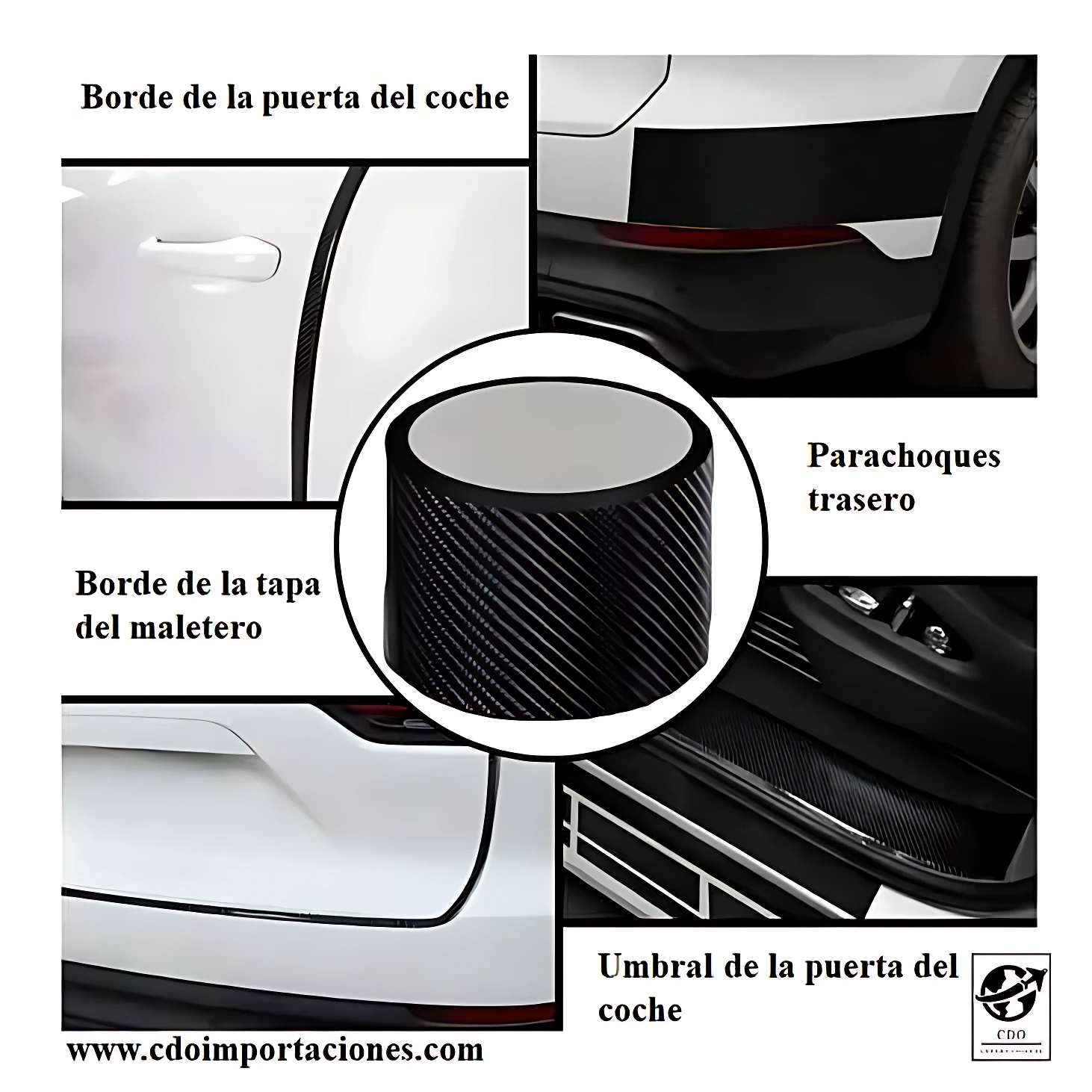 Cinta de fibra de carbono autoadhesiva de 5 cm, con acabado negro mate y textura diagonal, aplicada en bordes de puertas, parachoques traseros y umbrales de coche para protección y estilo deportivo.