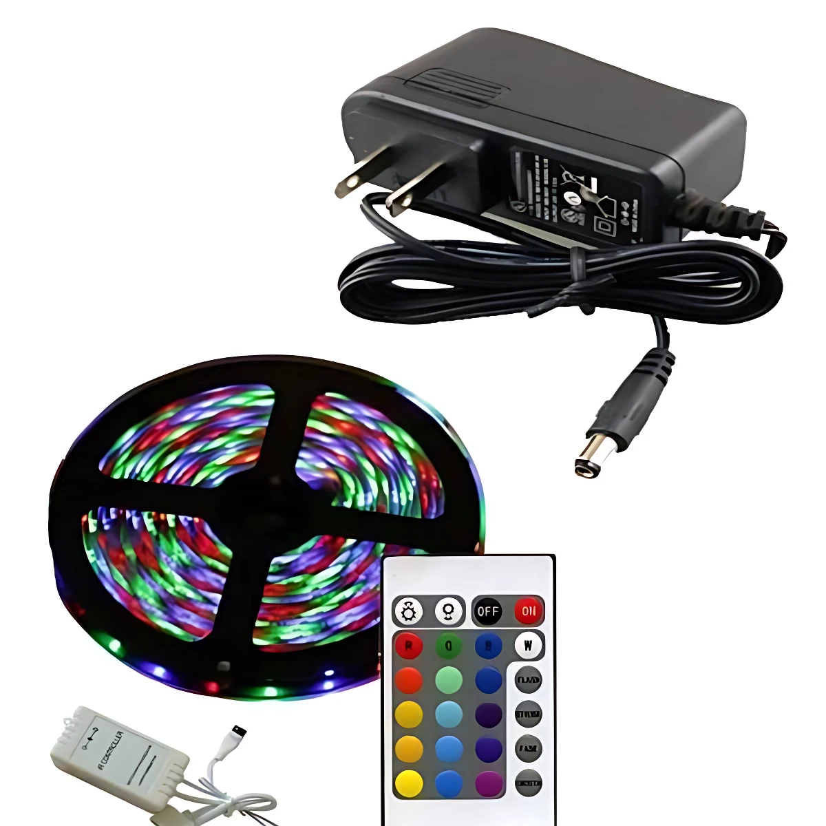 Set de dos cintas LED de 5 metros con control remoto, alimentador y cable de conexión.