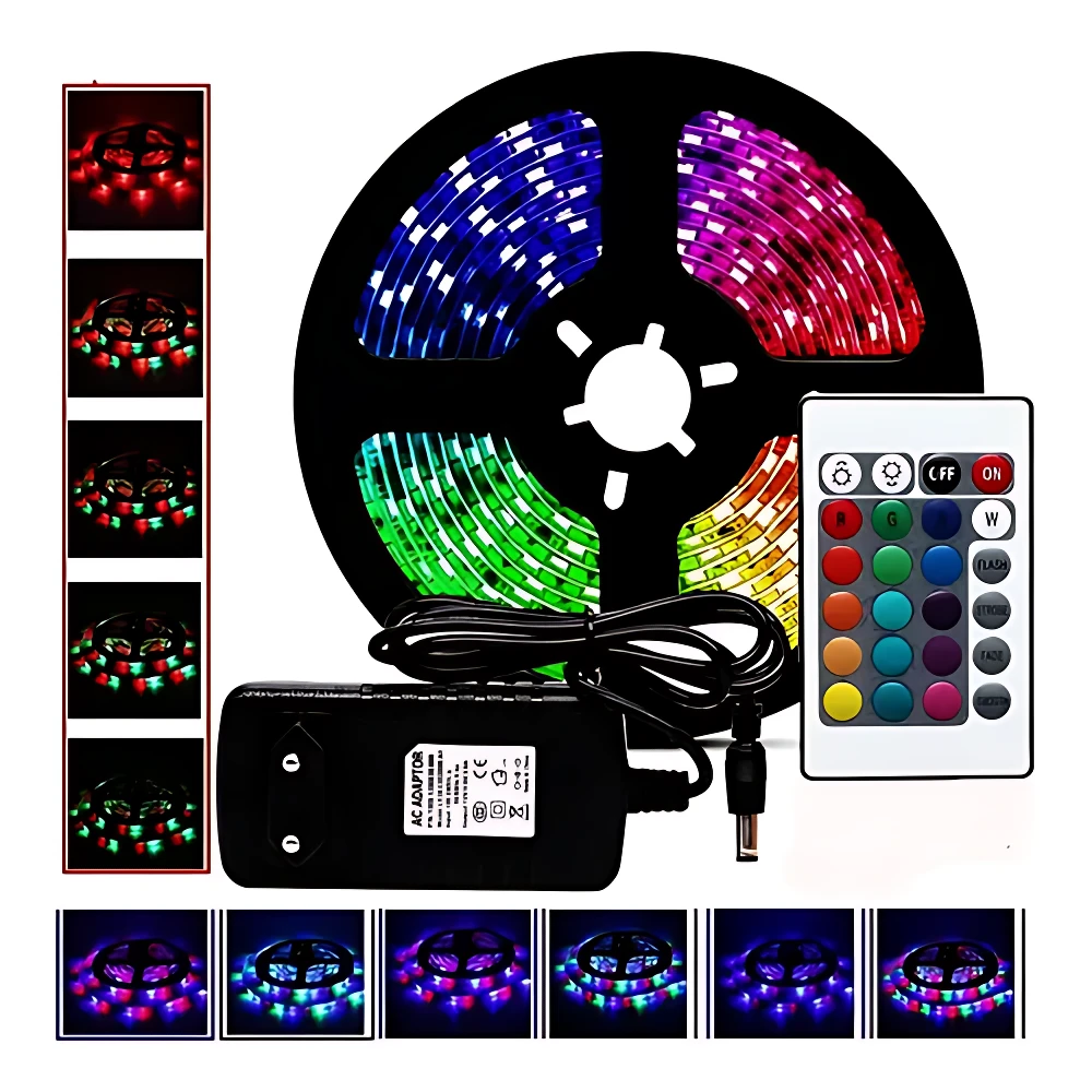 Cinta LED RGB de 5 metros con control remoto y adaptador de corriente, mostrando colores variados y efectos de iluminación.