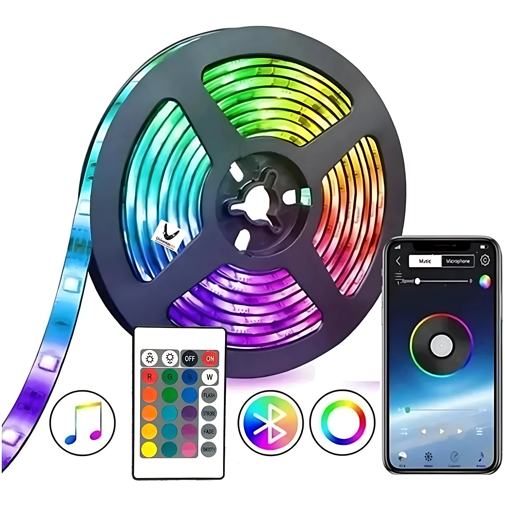 Cinta LED RGB de 5 metros enrollada en carrete negro, con control remoto y app móvil para sincronización con música.