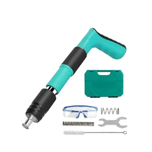 Clavadora manual de impacto en color turquesa con mango ergonómico, caja de transporte, gafas de seguridad, llave, cepillo y resortes de repuesto.