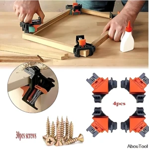 Cuatro clips de fijación angular para madera en color naranja y negro, mostrando su uso en ensamblaje de marcos y detalles de sus componentes.