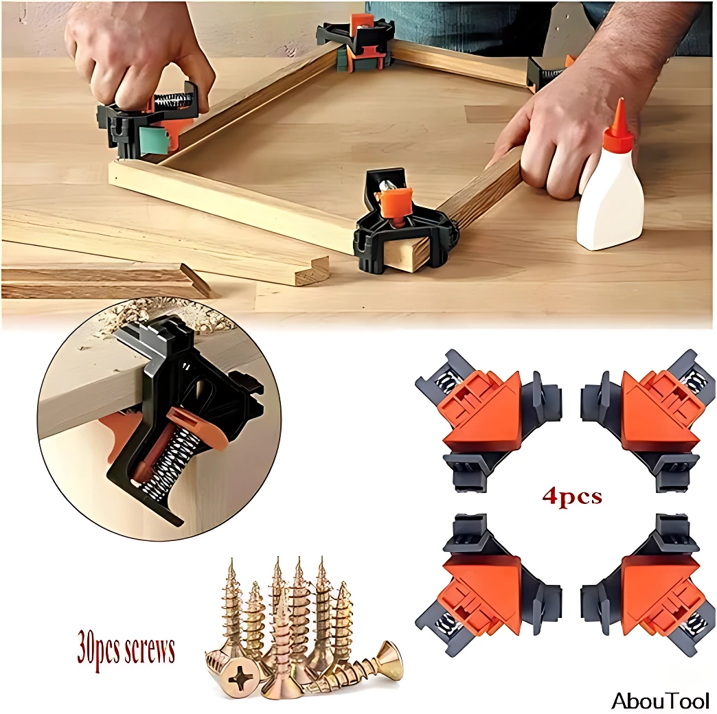Cuatro clips de fijación angular para madera en color naranja y negro, mostrando su uso en ensamblaje de marcos y detalles de sus componentes.