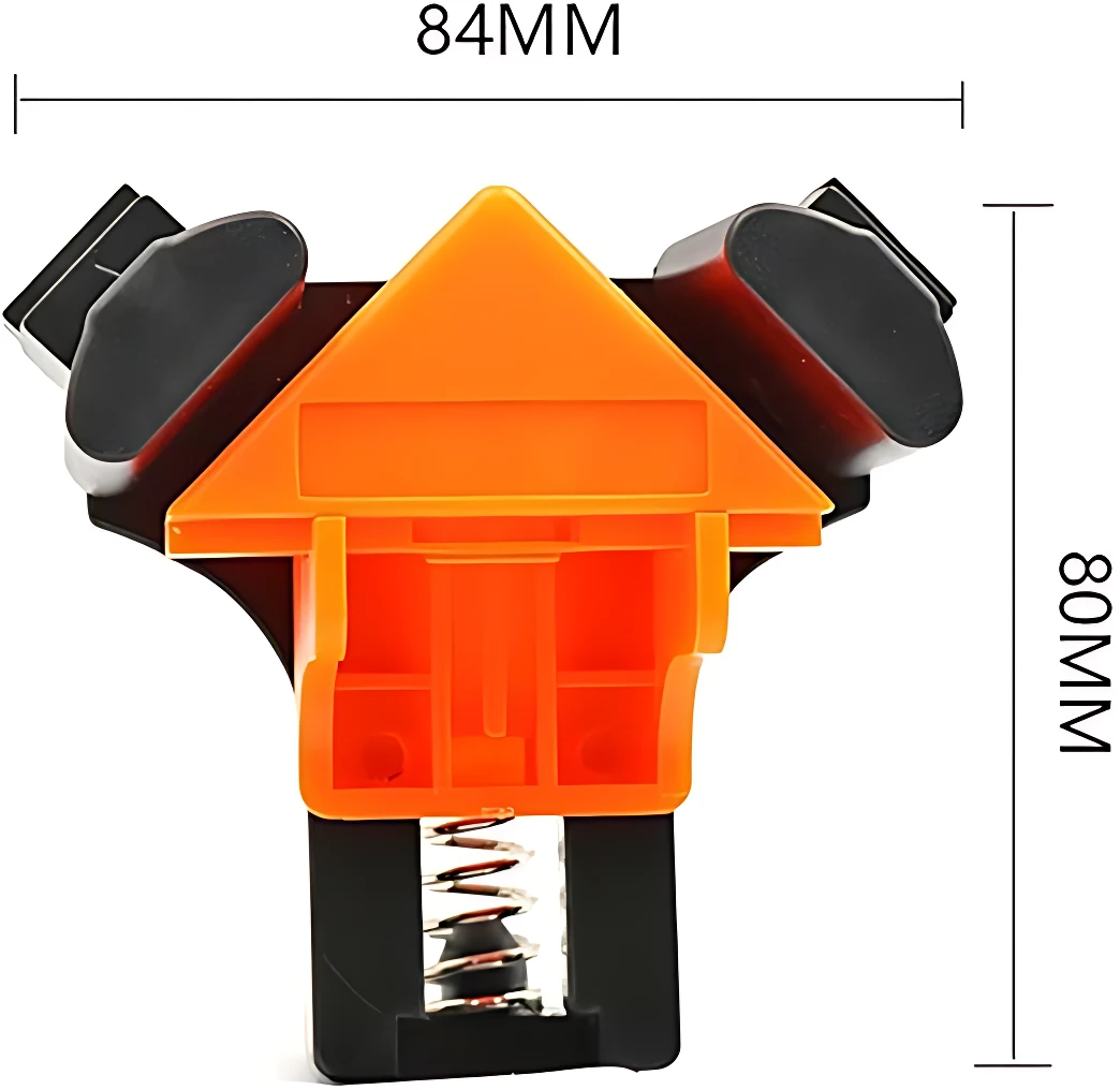 Clip de fijación angular naranja con resortes negros, dimensiones 84x80 mm, para ensamblaje preciso de muebles y marcos.
