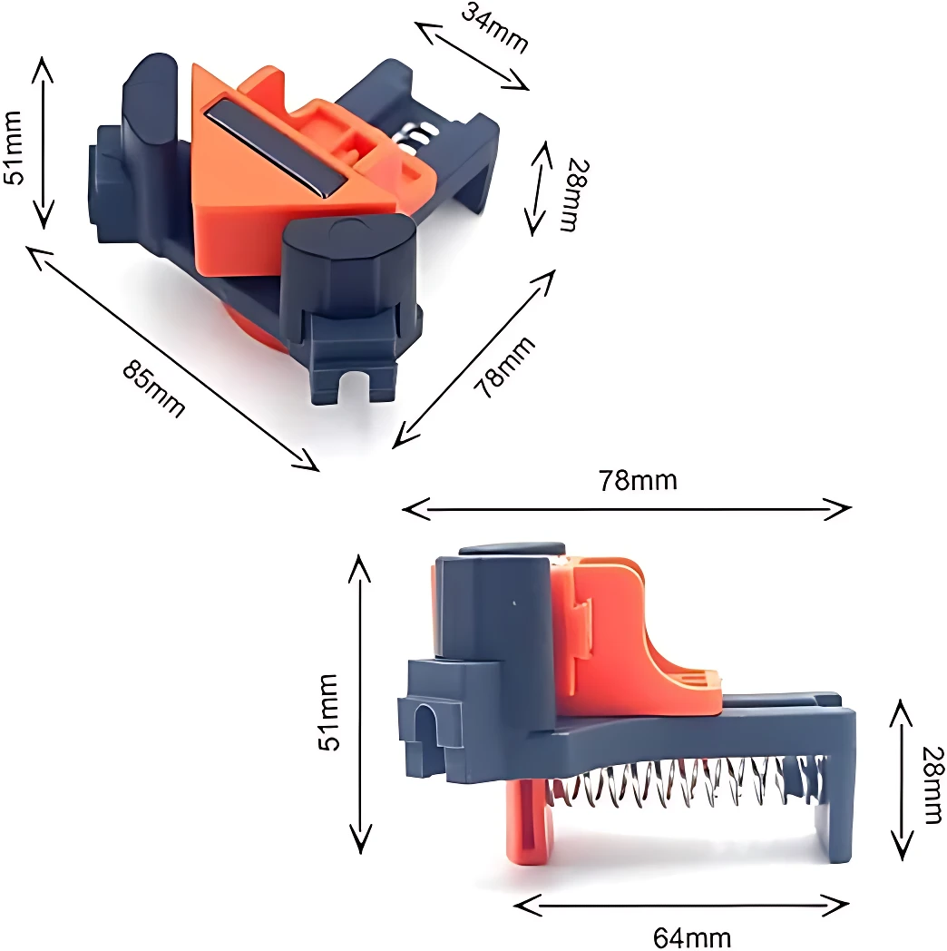 Clip de fijación para corte de madera en azul y naranja, con medidas de 85 mm de largo, 51 mm de alto y 28 mm de ancho, mostrando vista superior y lateral con resorte visible.